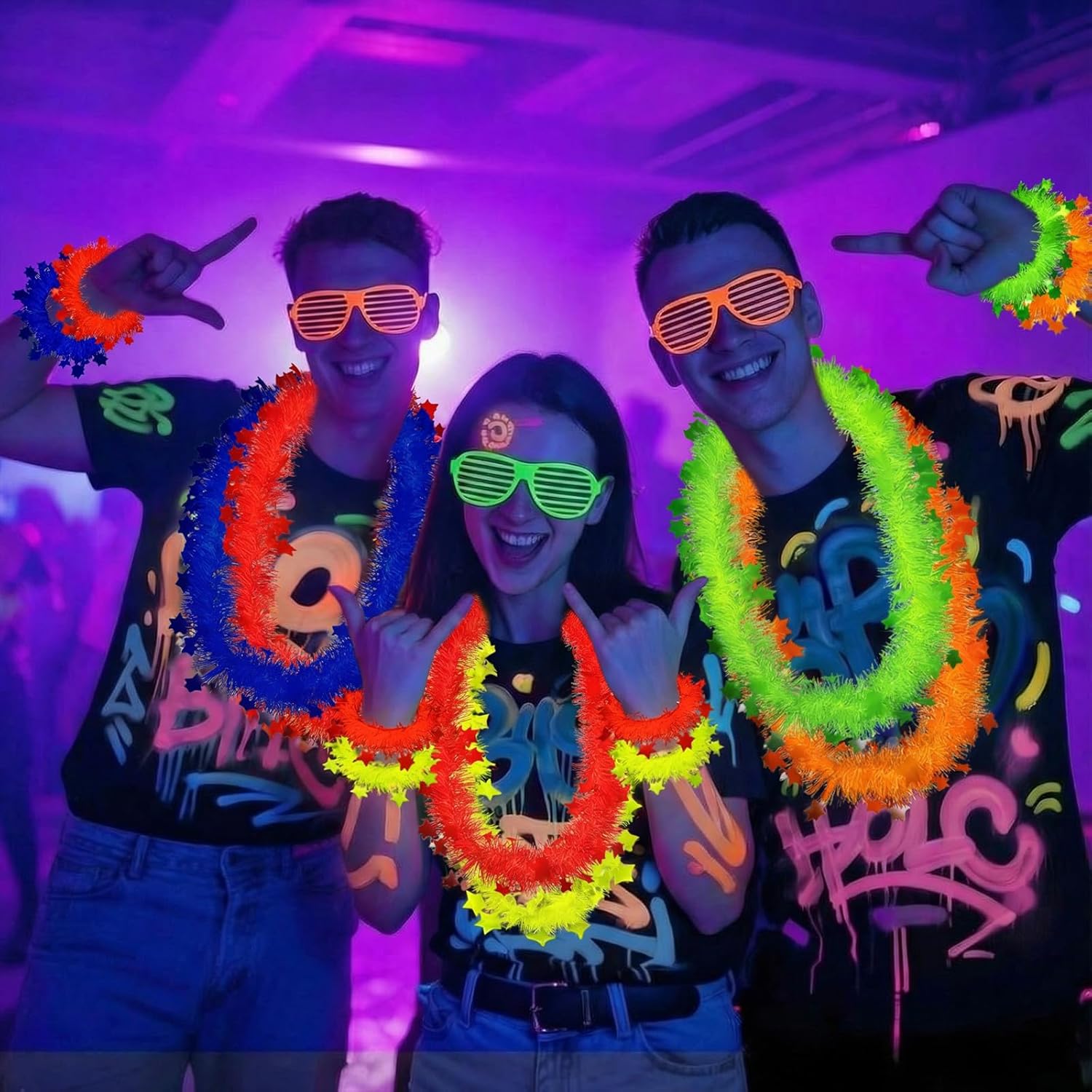 Riceshoot 36 Pcs Glow in the Dark Party Accessories Glow in the Dark Party Supplies Neon Fluorescent Necklace and Bracelet Set Blacklight Necklace Favors Bracelet Photo Booth Props for Women Men Adult