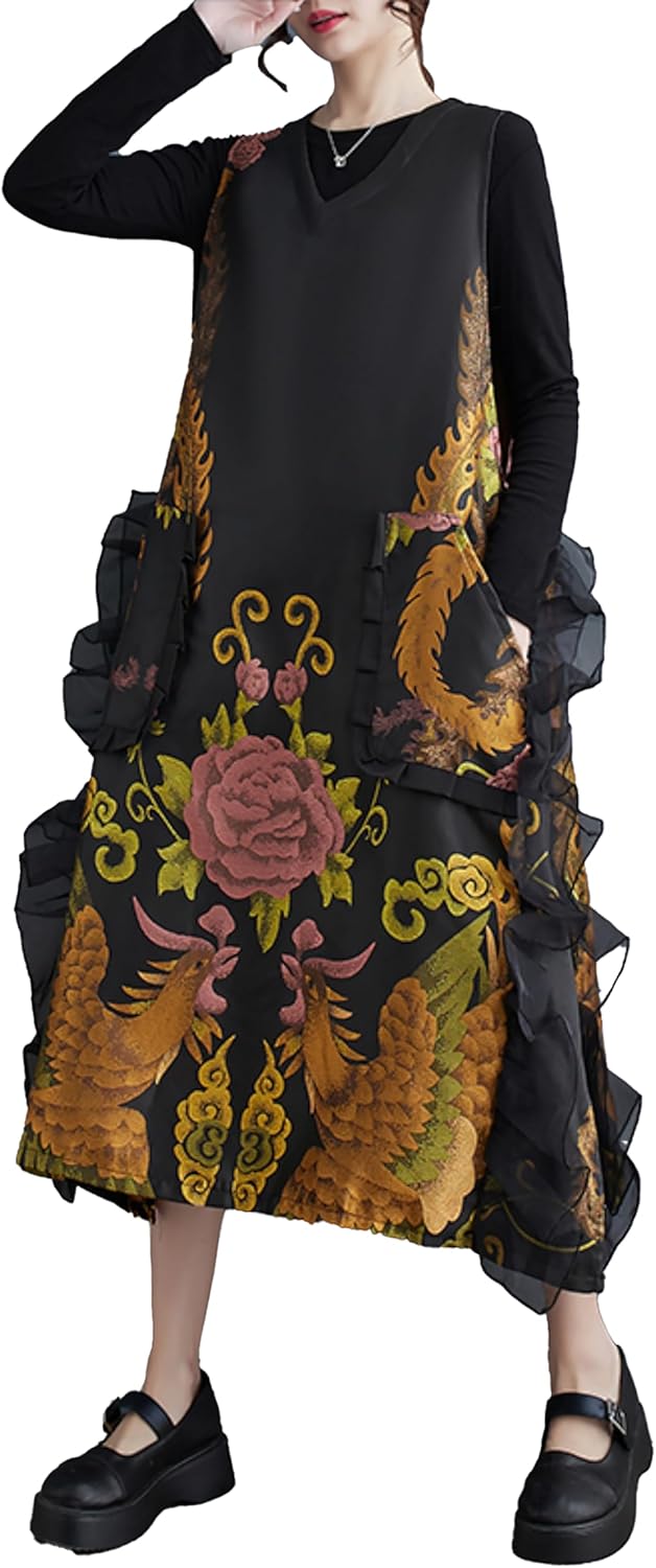 ellazhu Women's Funky V-Neck Vest Side Slit With Lace Floral Print Sleeveless Outerwear GZ145 A