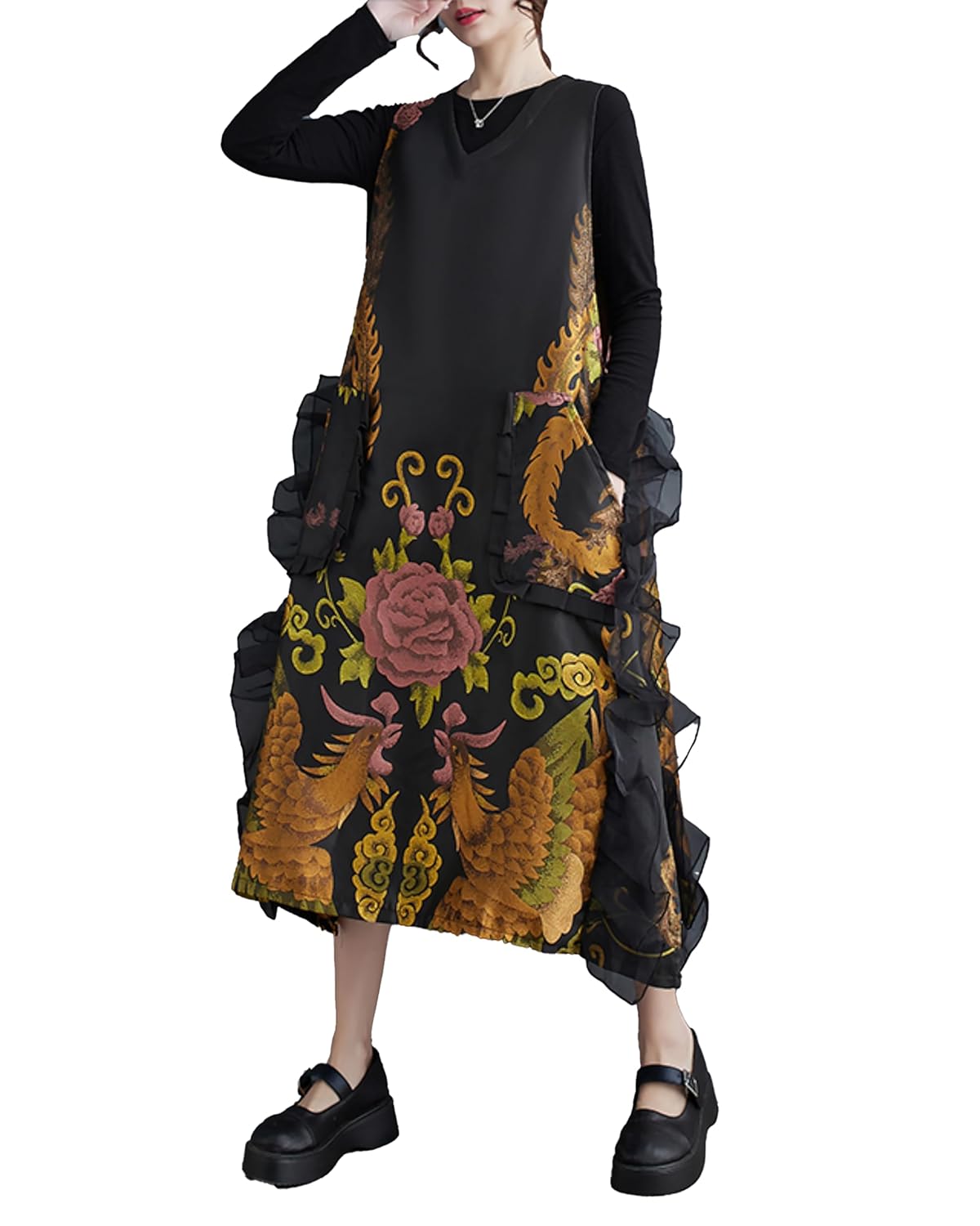 ellazhu Womens Funky V-Neck Vest Side Slit With Lace Floral Print Sleeveless Outerwear GZ145 A
