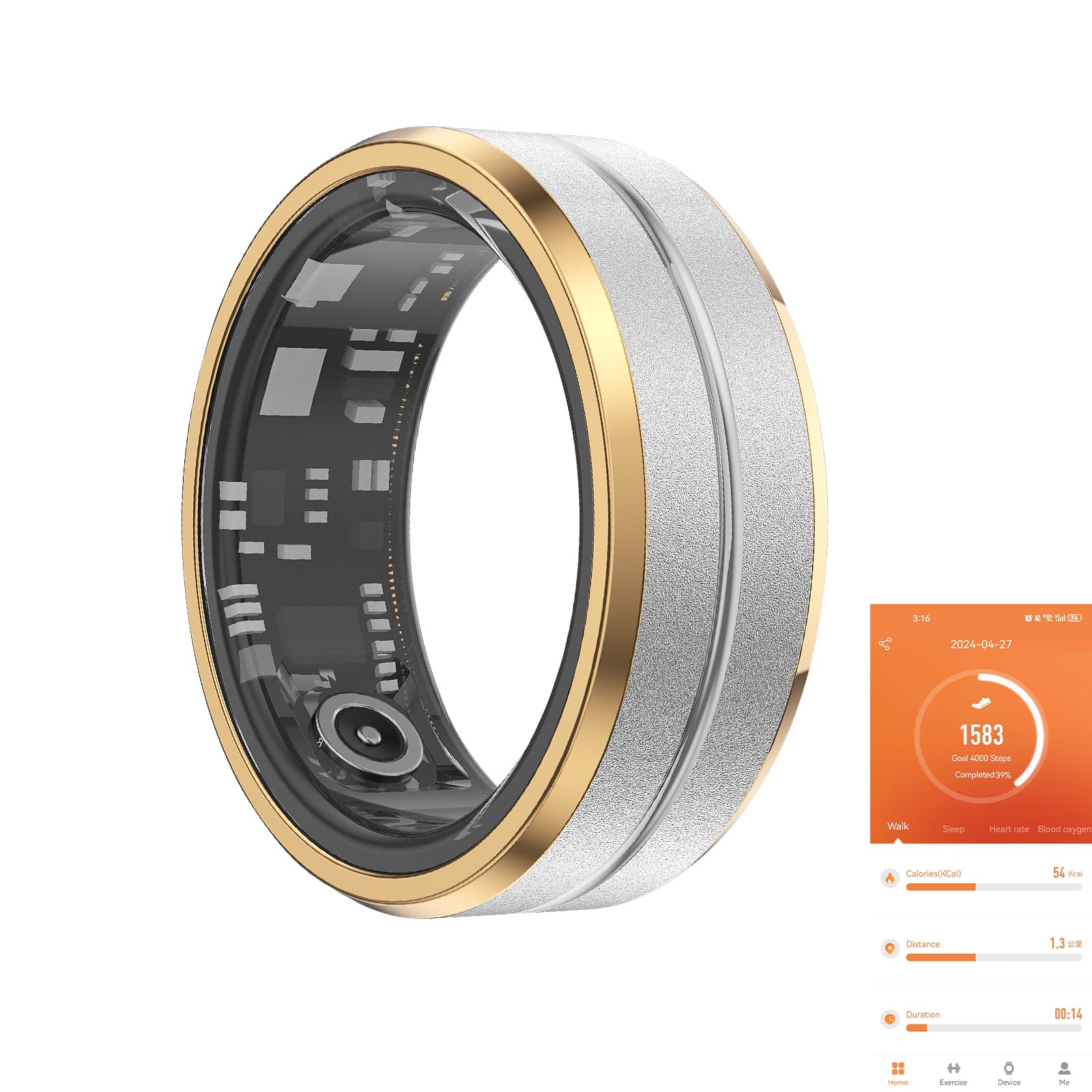 Fitness Tracker Smart Ring,Step Counter,Heart Rate Blood Oxygen Sleep Tracker Health Ring, 6ATM Waterproof Long Battery Life Smart Rings Compatible with iOS & Android ?Silver with Side Gold US10?