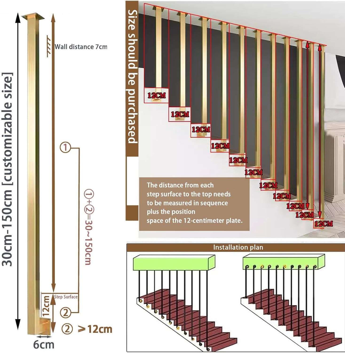 Staircase Handrail Guardrail, Gold Metal Stair Railing Fence Pole for Indoors Outdoors Stairs Banister L-Shaped Hand Rail Galvanized Pipe Bar Railing (Size : 1.3ft/40cm)