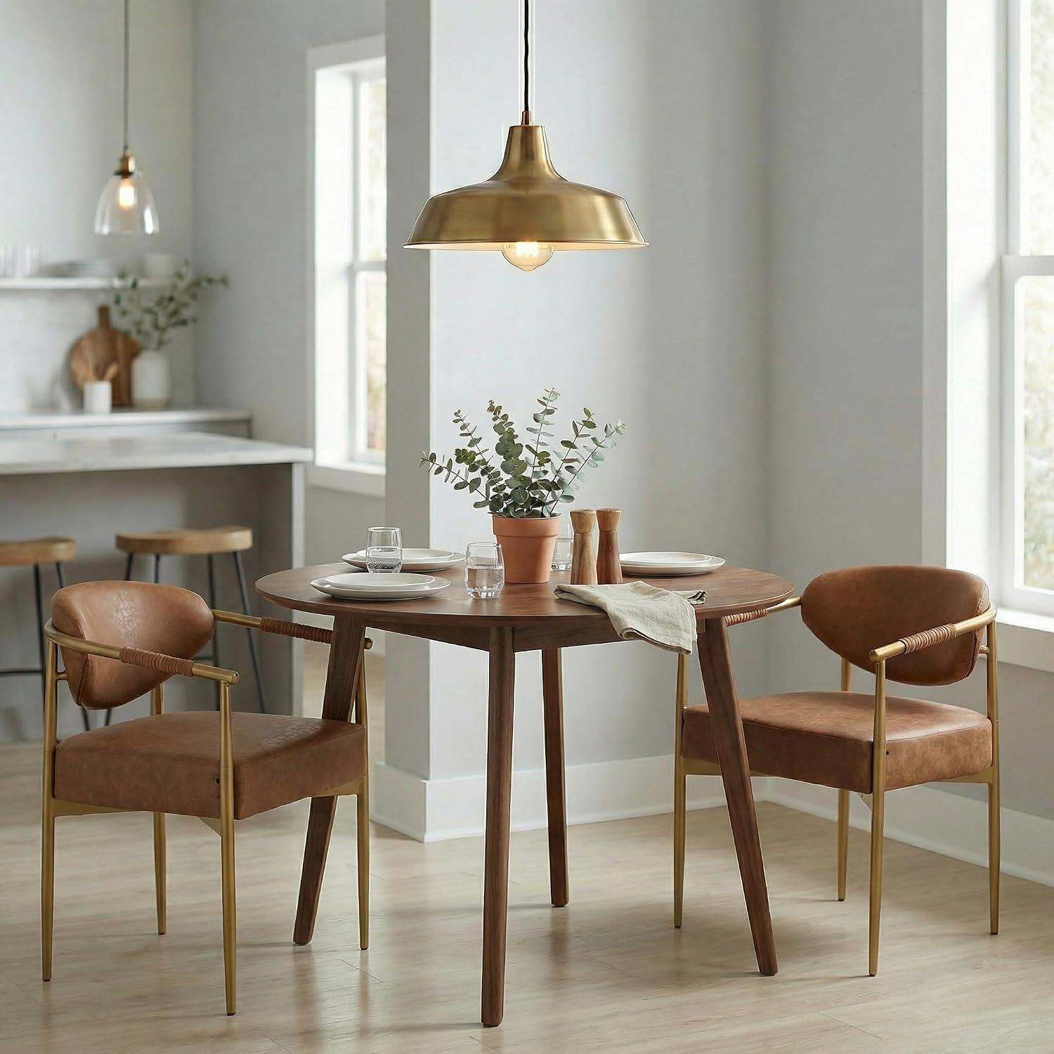 Christopher Knight Home Hyeok Modern Upholstered Dining Chairs Set of 2, Armchair Set with Metal Frame, Comfy Accent Chair with PU Leather Backrest/Seat Cushions for Kitchen/Dining Room, Brown