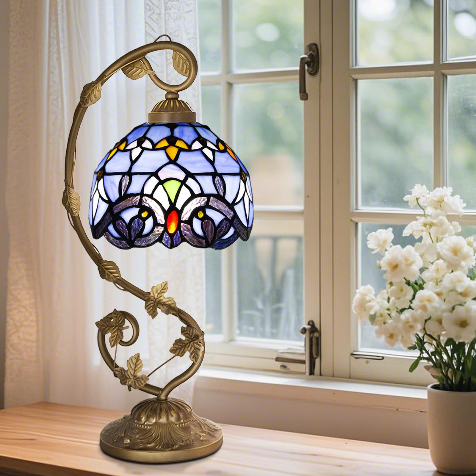 Ppbmocw Tiffany Style Table Lamp, 8 Inch Stained Glass Lamp for Living Room, Bedside, Reading Included 3 Color Temperatures E27 Bulb (Purple Baroque)