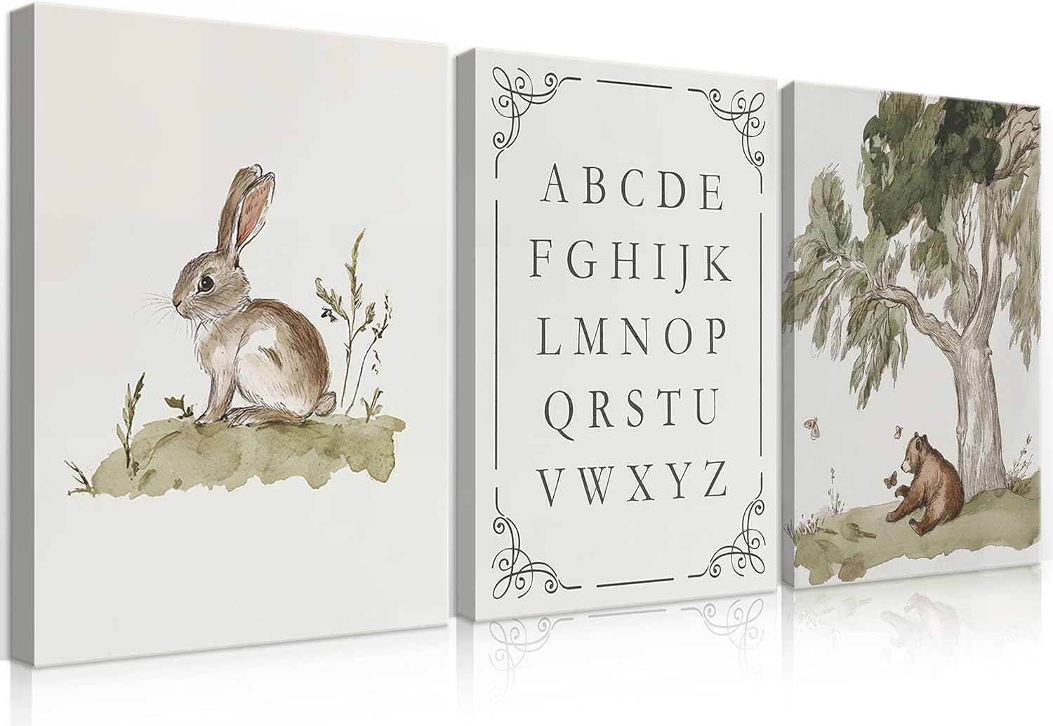 LSXARTQQ Juego de 3 lienzos artísticos para pared de guardería de bosques neutros con alfabeto de animales salvajes, decoración de pared vintage