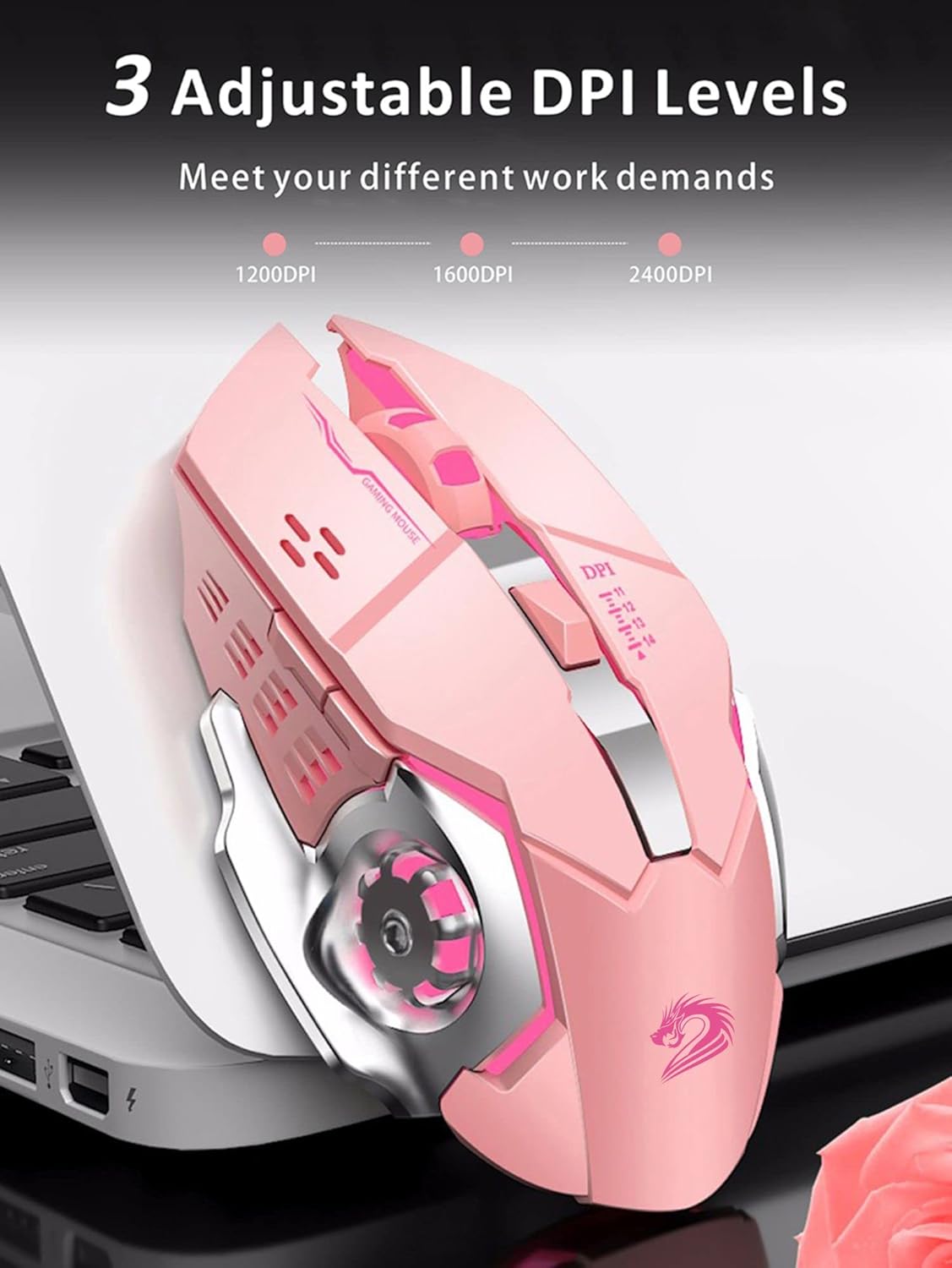 Uciefy T85 Rechargeable Wireless Mouse, 2.4G Ergonomic Silent Gaming Mice Portable Optical with USB Receiver, 3 Adjustable DPI, 6 Buttons LED Lights for Laptop/PC/Chromebook (Pink)