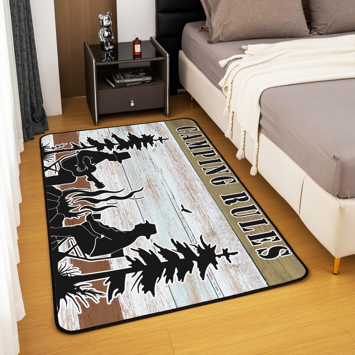 Homewish Tappeto per camper, 150 x 200 cm, stile country, tappeto da campeggio per interni, bosco, avventura, decorativo, stile rustico, vecchio fienile, non perde pelo, grigio marrone