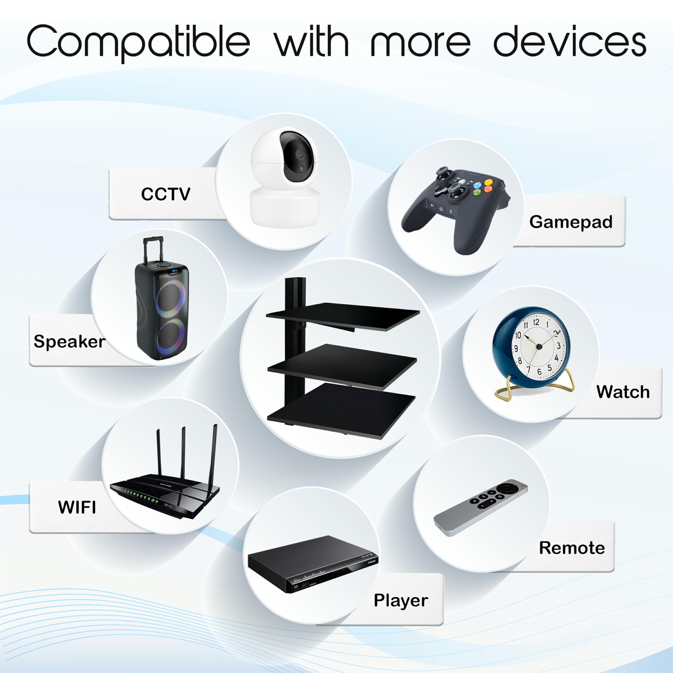 FEBTECH - Mensola sospesa per TV - Mensola per proiettore - Mensola da parete per TV, lettori DVD, console di gioco, decoder via cavo, accessori TV, 3 ripiani, nero