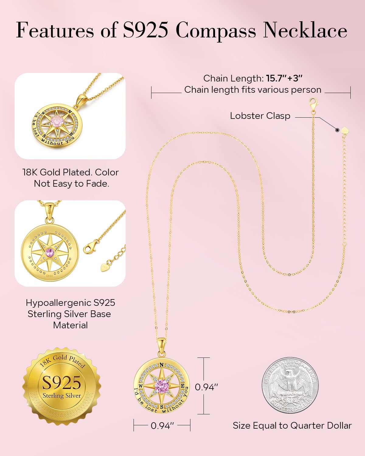 S925 Necklace Gift for Wife |Compass Jewelry |Women Anniversary |Sterling Silver |Girlfriend Birthday Gifts for Her Valentines |I'd be Lost without You |Jewel 18K Gold - Image 4