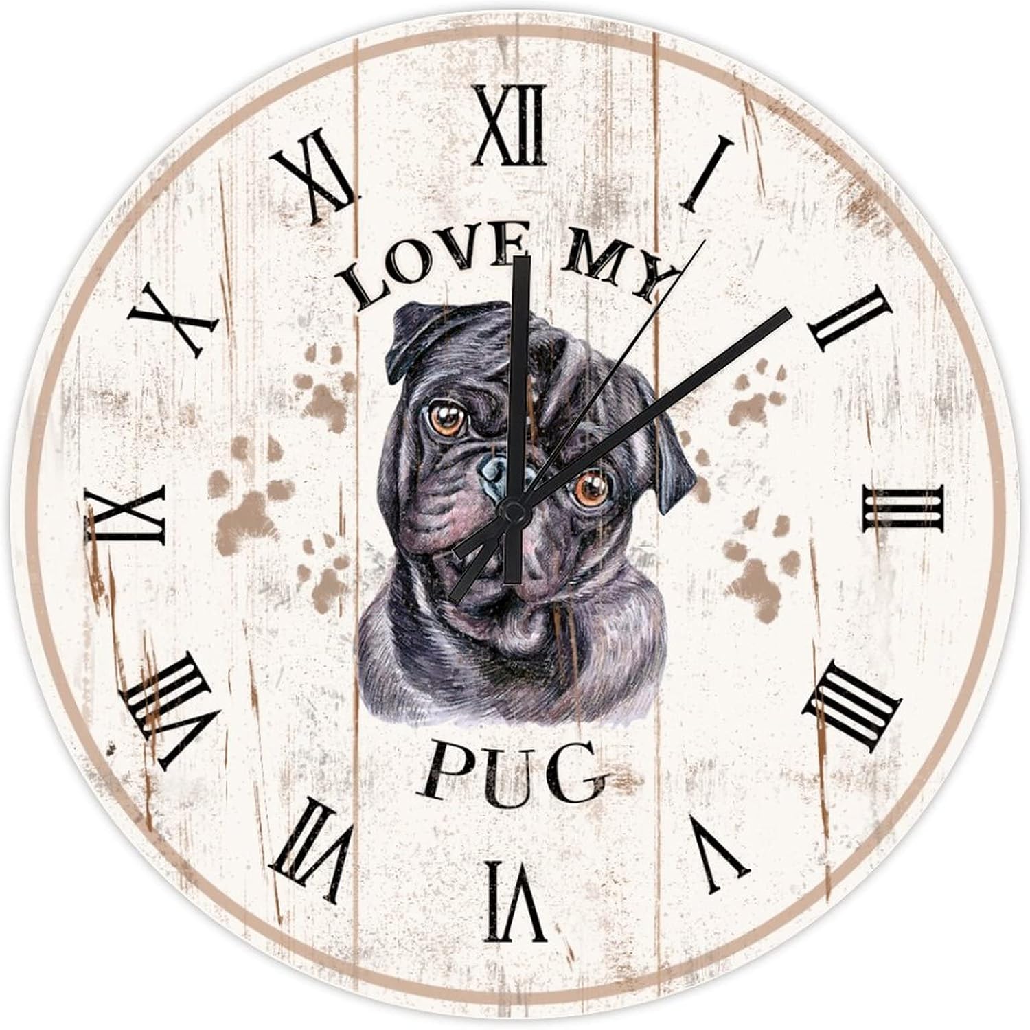 Love My Dog Pug Wall Clock 12 Inch Silent Non-Ticking Wooden Dog Print Rustic Wall Clocks Battery Operated Decorative for Living Room, Bathroom, Bedroom, Laundry Room