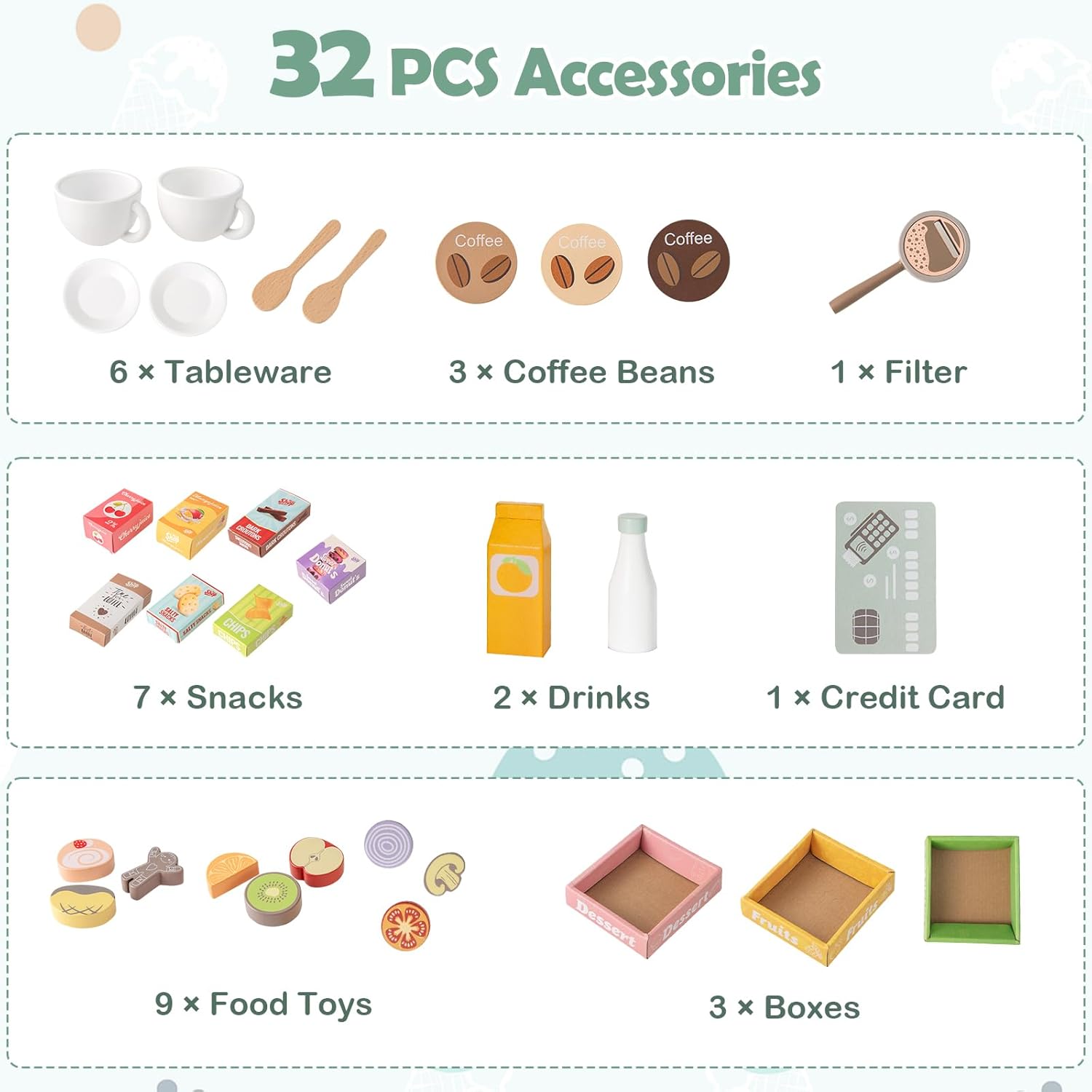 KOTEK Grocery Store Pretend Play, Wooden Supermarket Playset with Checkout Counter, Vending Machine, Coffee Maker, 32 PCS Accessories, Gift for Boys Girls 3+ (Soft Gray)
