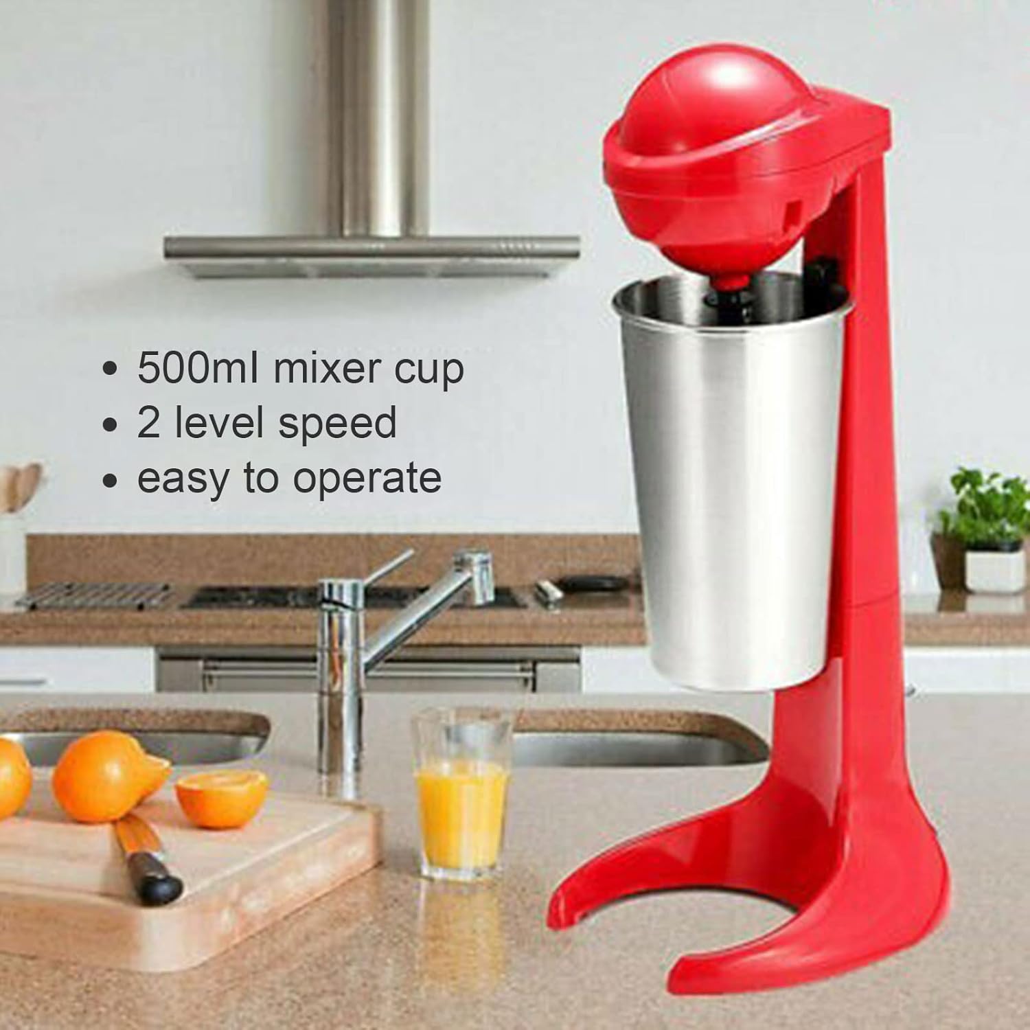Electric Milkshake Maker,Mini Retro Drink Mixer Milk Frother with 500ml Stainless Steel Cup for Malted Milk,Soft Ice Cream and Protein Shakes,Red