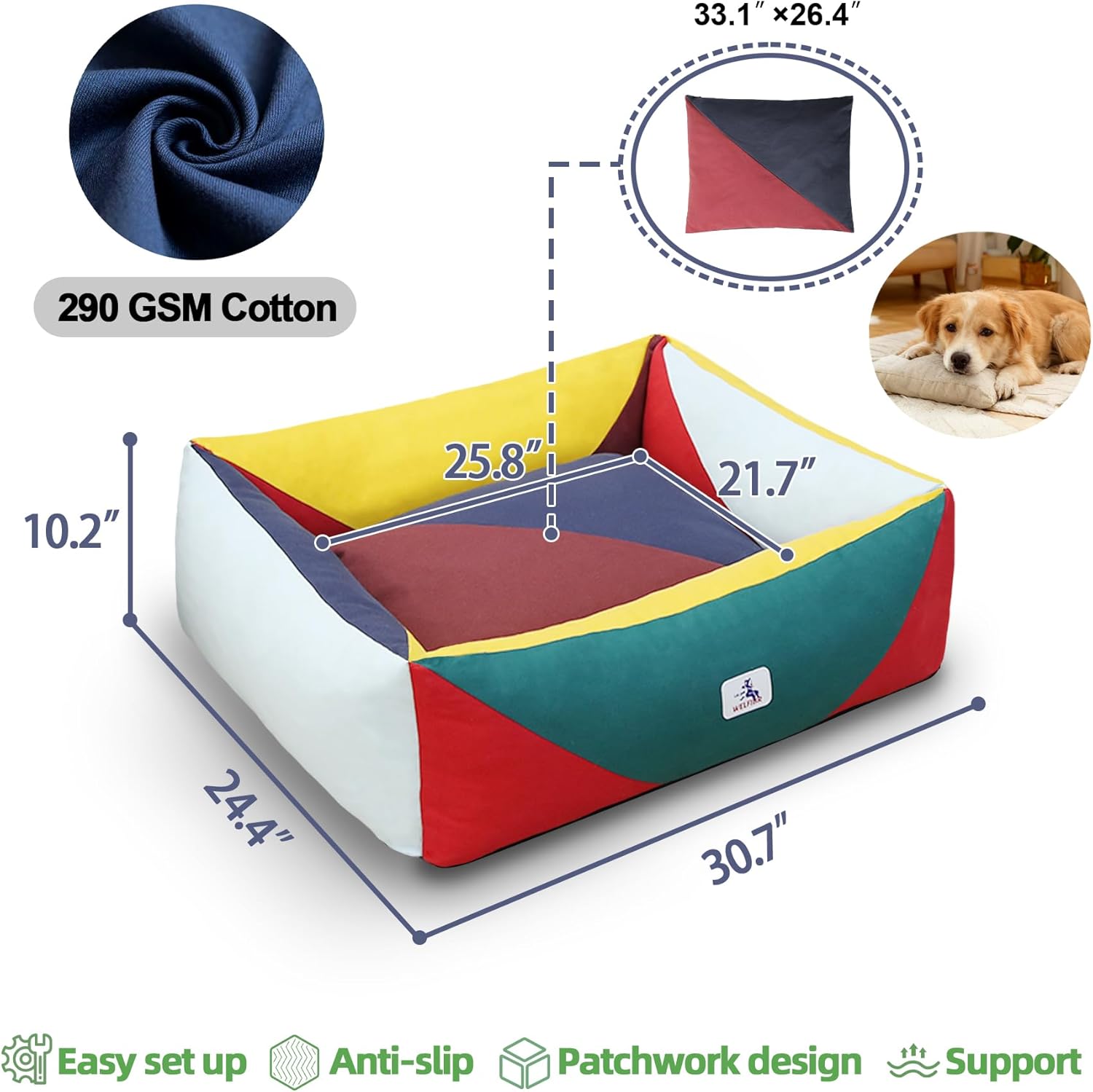 290 GSM Cotton Canvas Dog Couch Bed, Washable Removable Cover, Tough Bolster with Supportive Chopped Foam, Anti-Slip Bottom (Medium)