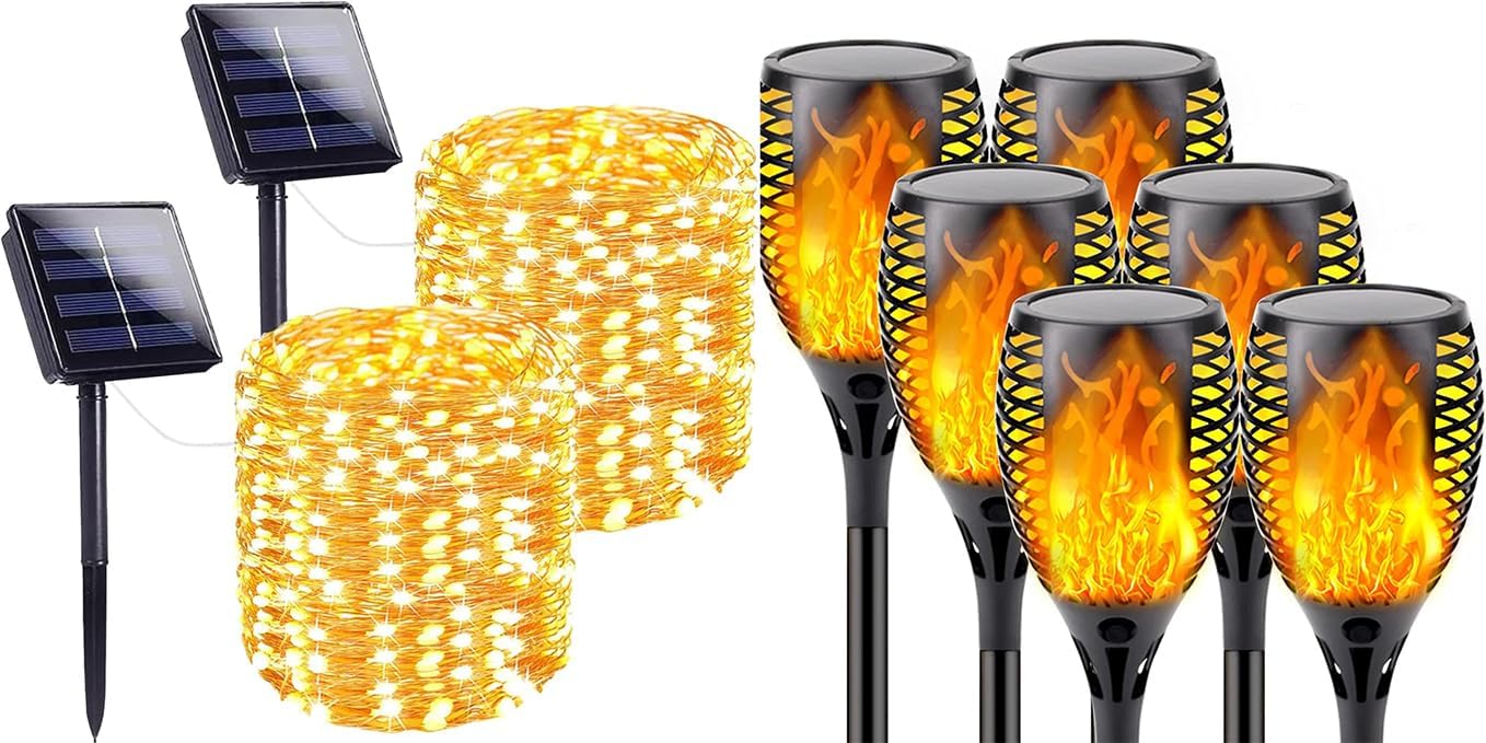 2 Pack 8 Modes Extra-Long 144FT 400LED Waterproof Solar Christmas Lights Outdoor,Super Bright 320 LED Solar String Lights with 8 Lighting Modes, Upgraded Outdoor 6 Pack Flickering Flame Solar Torch Li