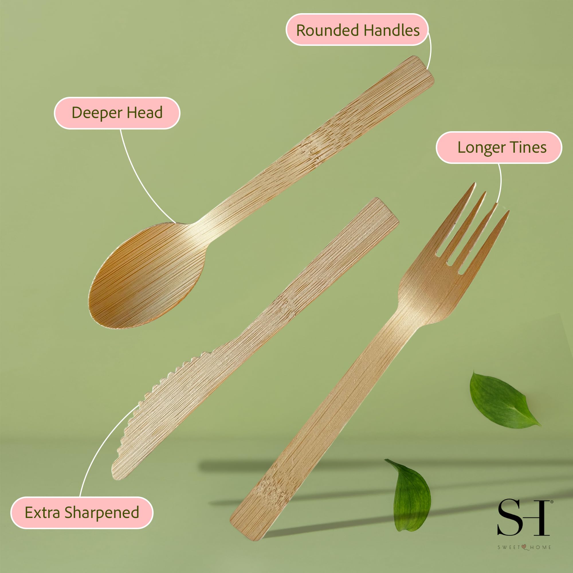 Sweet Home - Set di utensili in bambù 100% compostabili, usa e getta, 180 pezzi, 70 forchette, 40 cucchiai e 70 coltelli, posate ecologiche per feste, campeggio