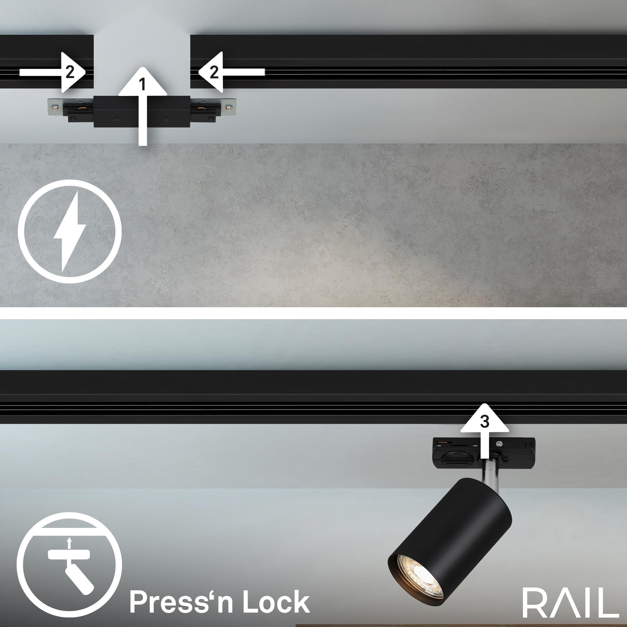 BRILONER - Sistema de rieles, 4x proyectores GU10 orientables, extensible, sistema de iluminación de rieles, riel para proyectores, lámpara de techo, lámpara de techo, proyector, 1,5 m, negro