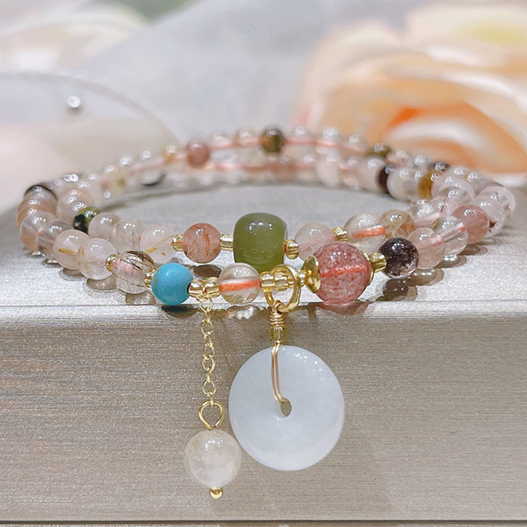 Pulsera de cuarzo rutilado natural Pulsera de Feng Shui for mujer Pulsera pequeña de cuentas de cristal de 4 mm Pulsera de dijes de hebilla de armonía Pulsera de cristal de chakra de piedras preciosas