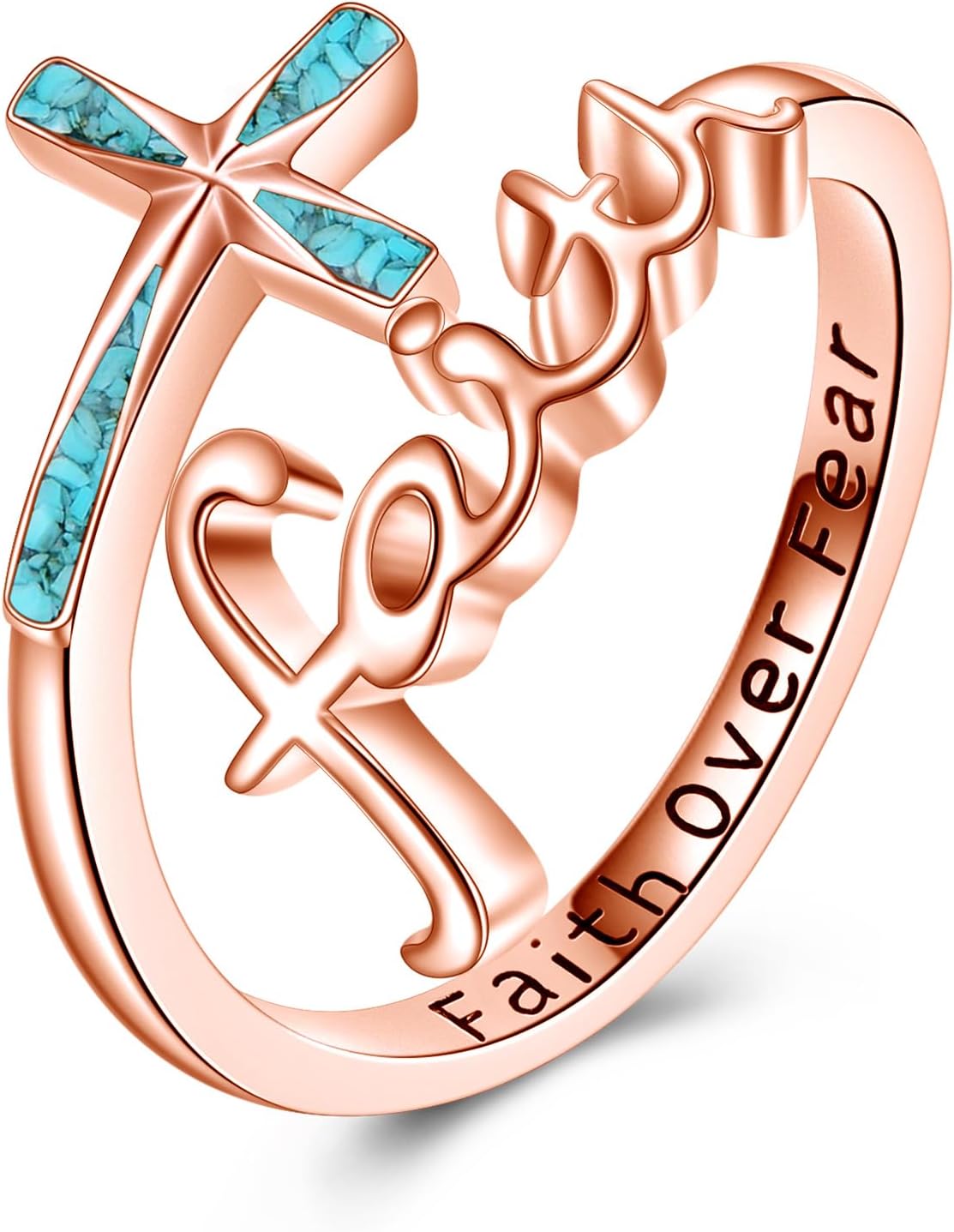 URONE Faith Cross Rings Adjustable 925 Sterling Silver Turquoise Faith Over Fear Cross Rings Christian Religious Jewelry Gifts For Women Men