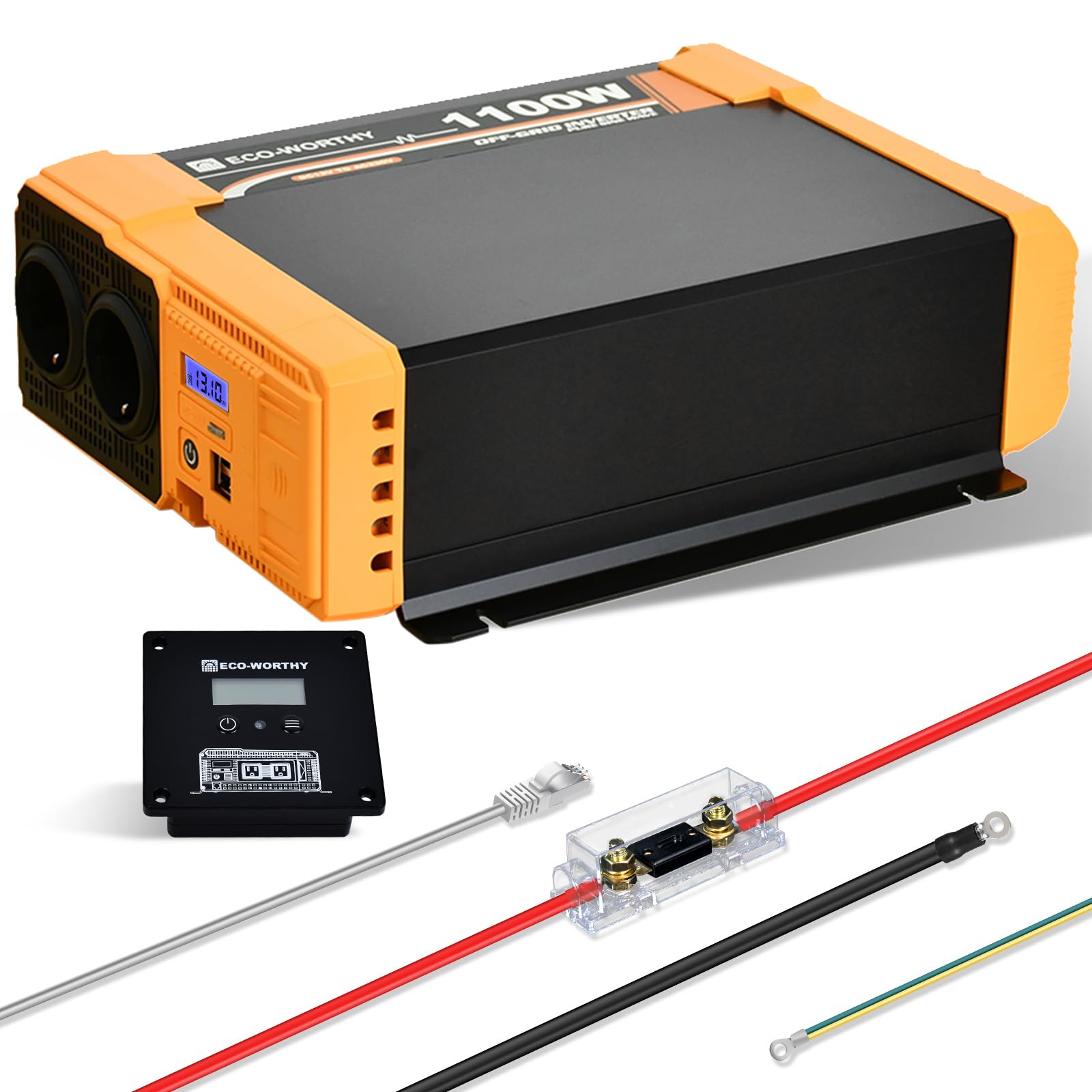 ECO-WORTHY Inverter da 12 V a 230 V sinus puro, convertitore di tensione da 1100 W, connettore USB Dual 18 W, 2 prese AC, 1 morsetti hardwire e 1 fusibile da 100 A, ECO1100W(BB)