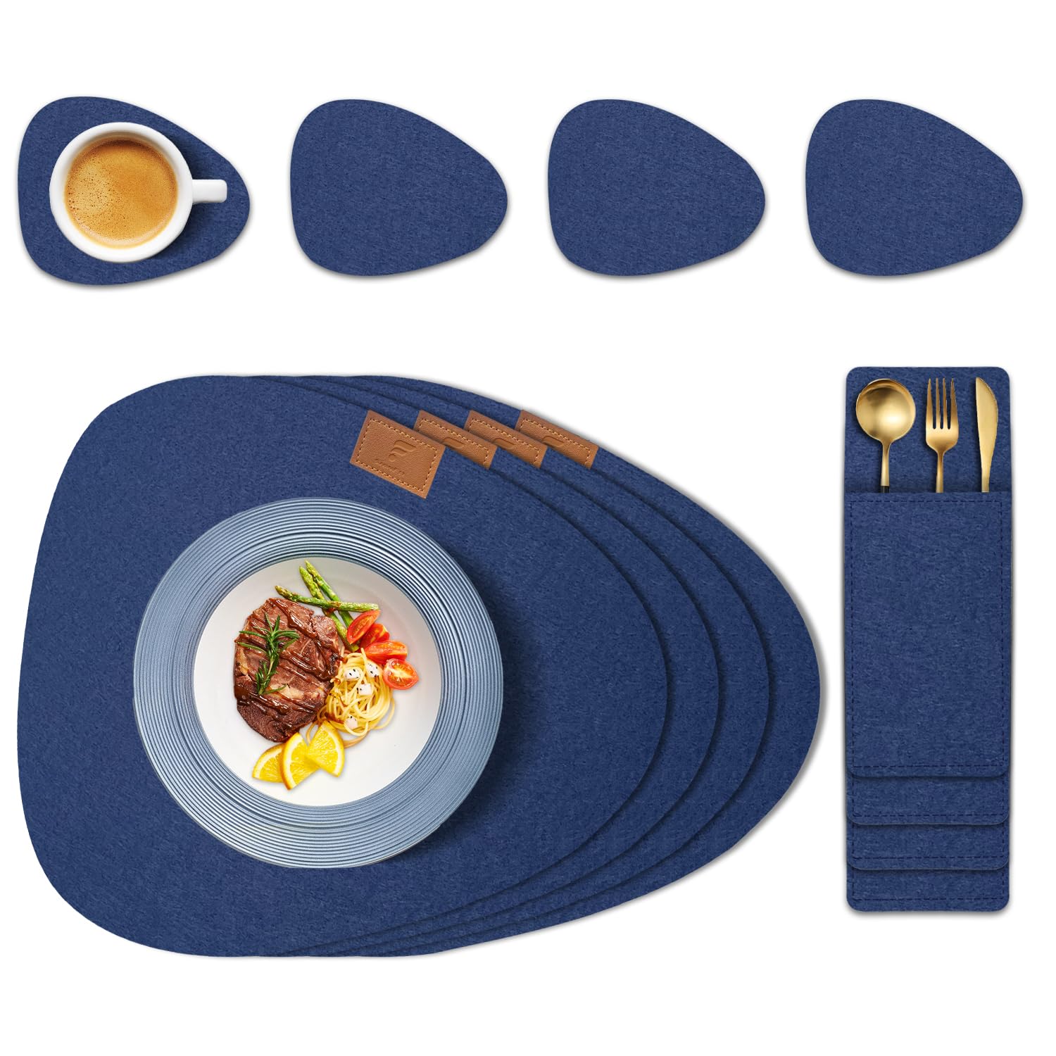 shinfly Tischsets Abwaschbar Platzsets aus Filz 12er Set, Tischsets Abwischbar Rund, Hitzebeständig rutschfest Platzdeckchen mit Untersetzer, BestecksäCken für Küche, Speisetisch 【Dunkelblau】