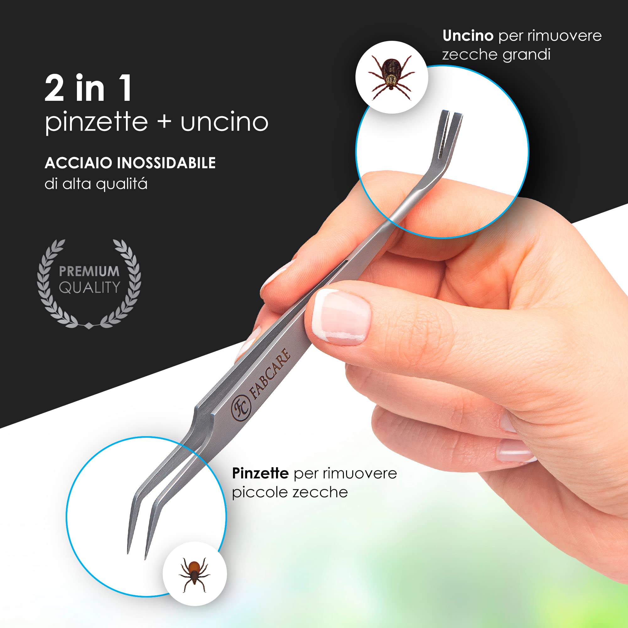 FABCARE 2 in 1 Pinza per zecche con uncino - incl. custodia, e-Book e scheda rilevamento - strumento per rimozione zecche adatto a persone, cani e gatti per un utilizzo pratico e sicuro