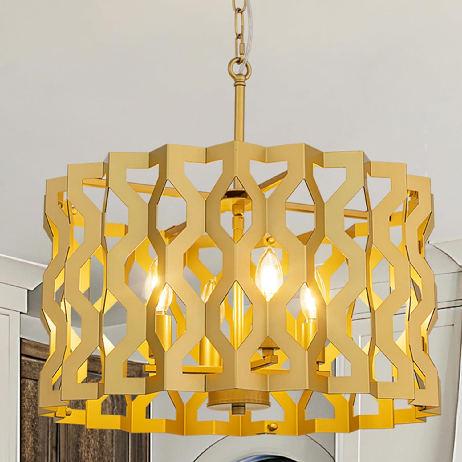 Wellmet Modern Chandelier Light,Gold Ceiling Light Fixture for Dining Room,4 Light Farmhouse Drum Chandelier with Metal Shade,Round Honeycomb Chandelier for Bedroom,Living Room,Entryway 20" D