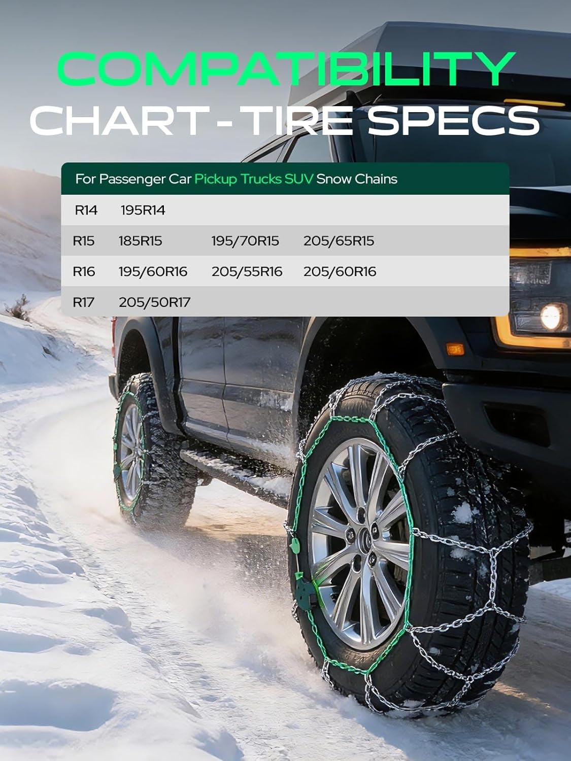 YHTAUTO Set of 2 Snow Chains 12mm for Pickup Truck SUV Passenger Car Universal Fit Tire Chains Auto-Tightening Quick Installation, Anti-slip Traction in Snow, Mud, Sand | SWC0010