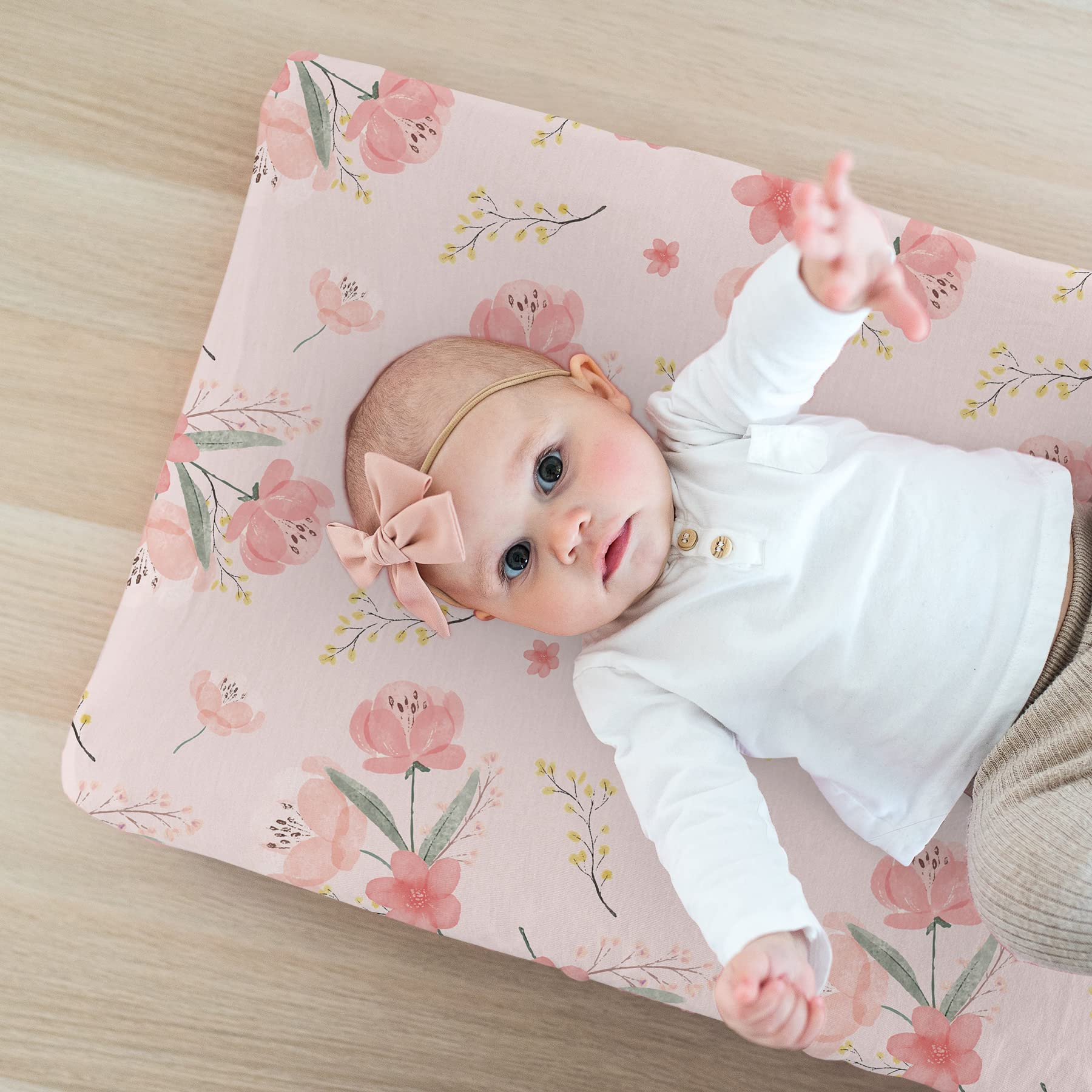 BROLEX - Juego de sábanas elásticas para cambiador, para bebés, niños y niñas, paquete de 2 unidades, punto de jersey, flor rosa