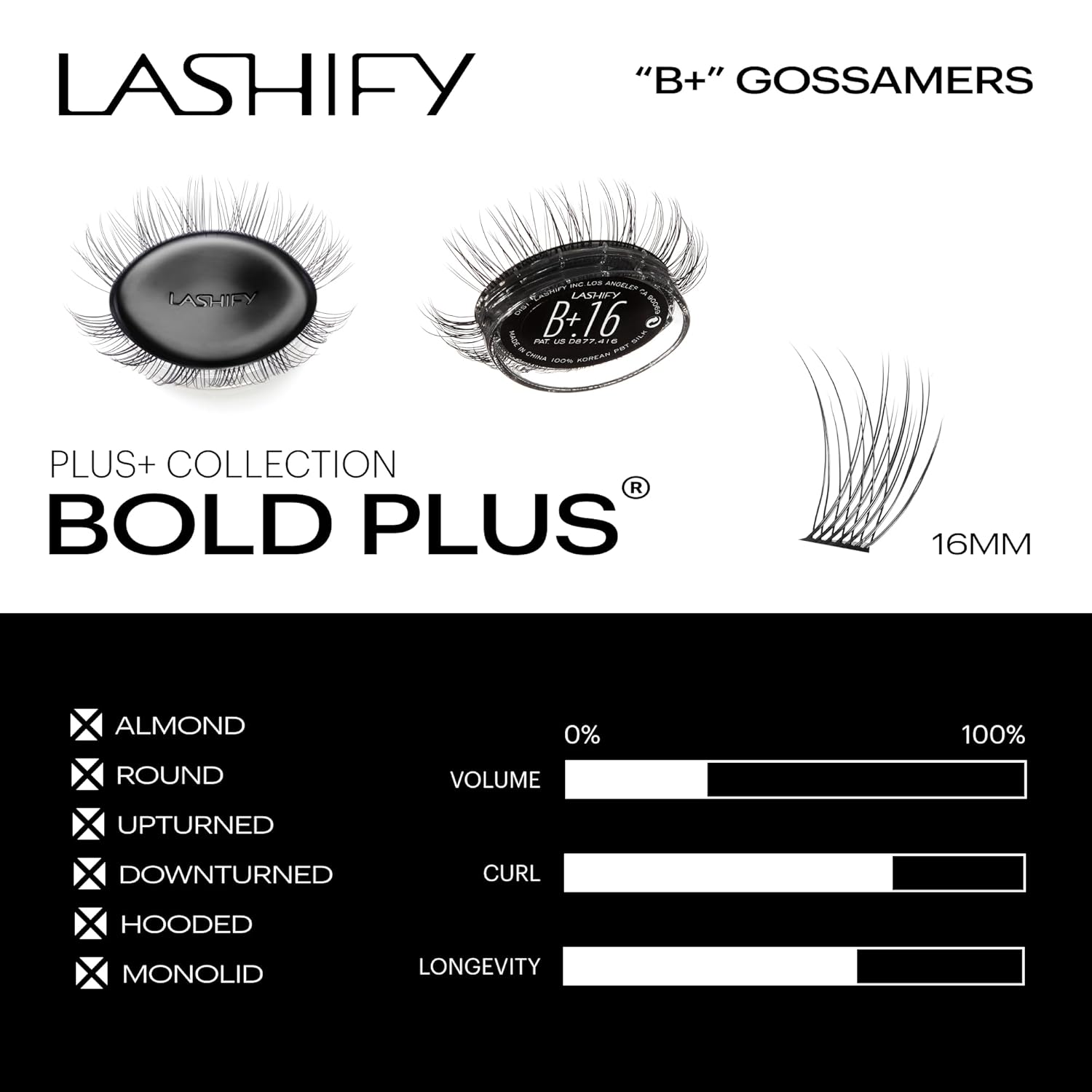 Lashify Bold Plus+ 16mm Gossamer Eyelash Extensions Refill in Black, Easy DIY False Lashes for the Most Delicate, Natural and Long Lasting Look