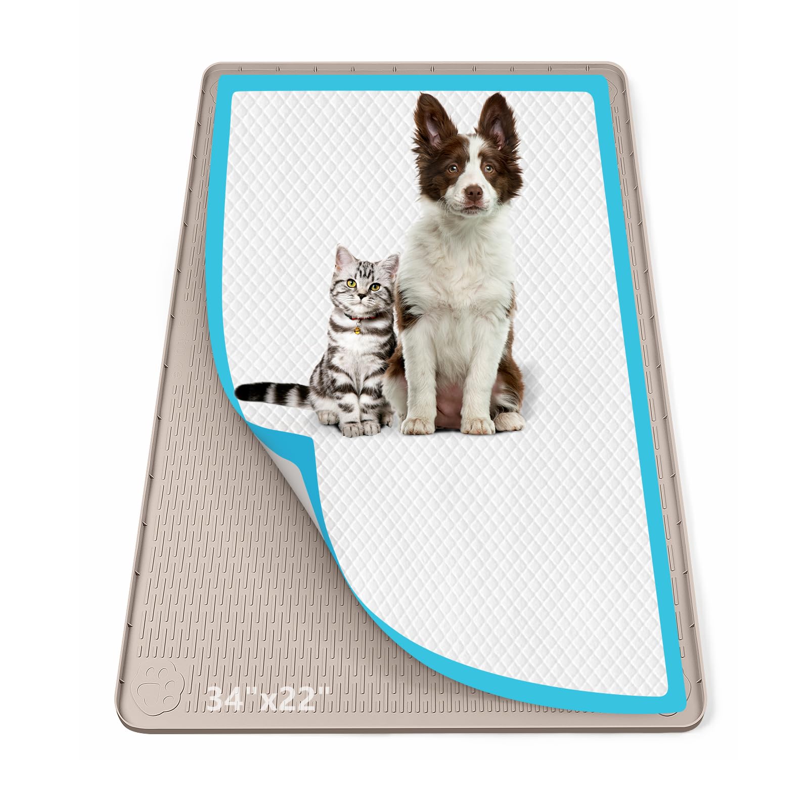 Bartuke Pee Pad Holder for Dogs, 34" x 22" Silicone Pee Tray Mat Leak-Proof, High Edge, No Spill Pet Pad Holder for Puppy, Cat, Rabbit, Training Pads for Floor Protection, No Pee Pads (Khaki)