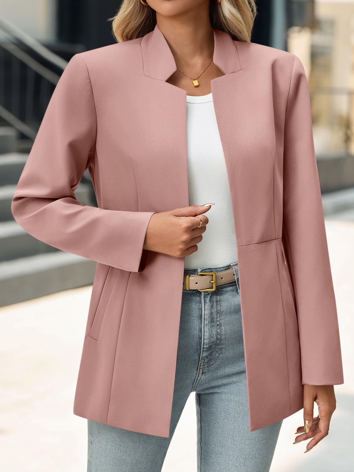 Cicy Bell Blazer décontracté à manches longues ouvert sur le devant et col montant pour femme