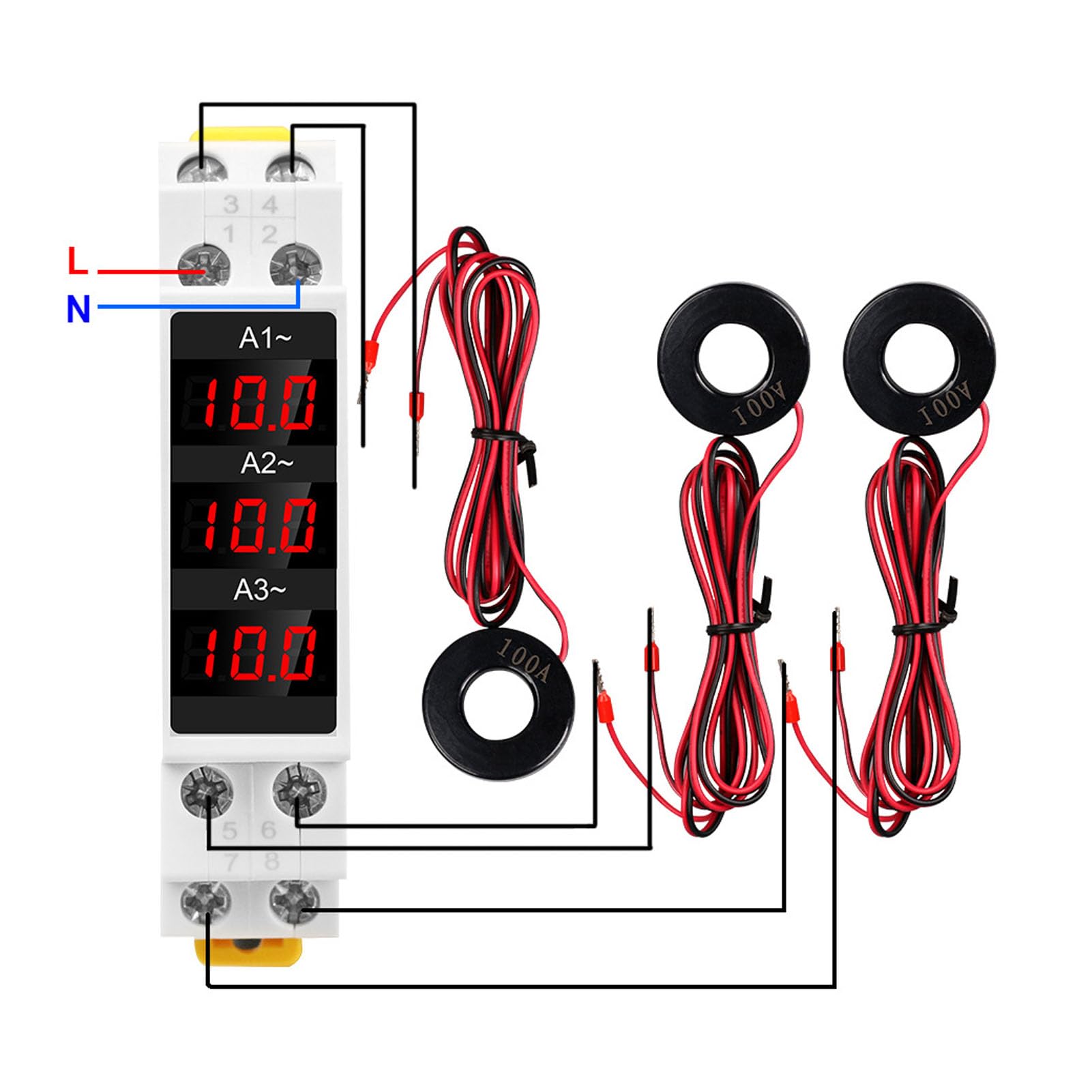 Digital 3 Phase DIN Rail Ammeter, LED Digital Display Amp Meter with 3 Sensors, 1-100A Current Range, DIN Rail Current Meter, 35mm Rail Mounting