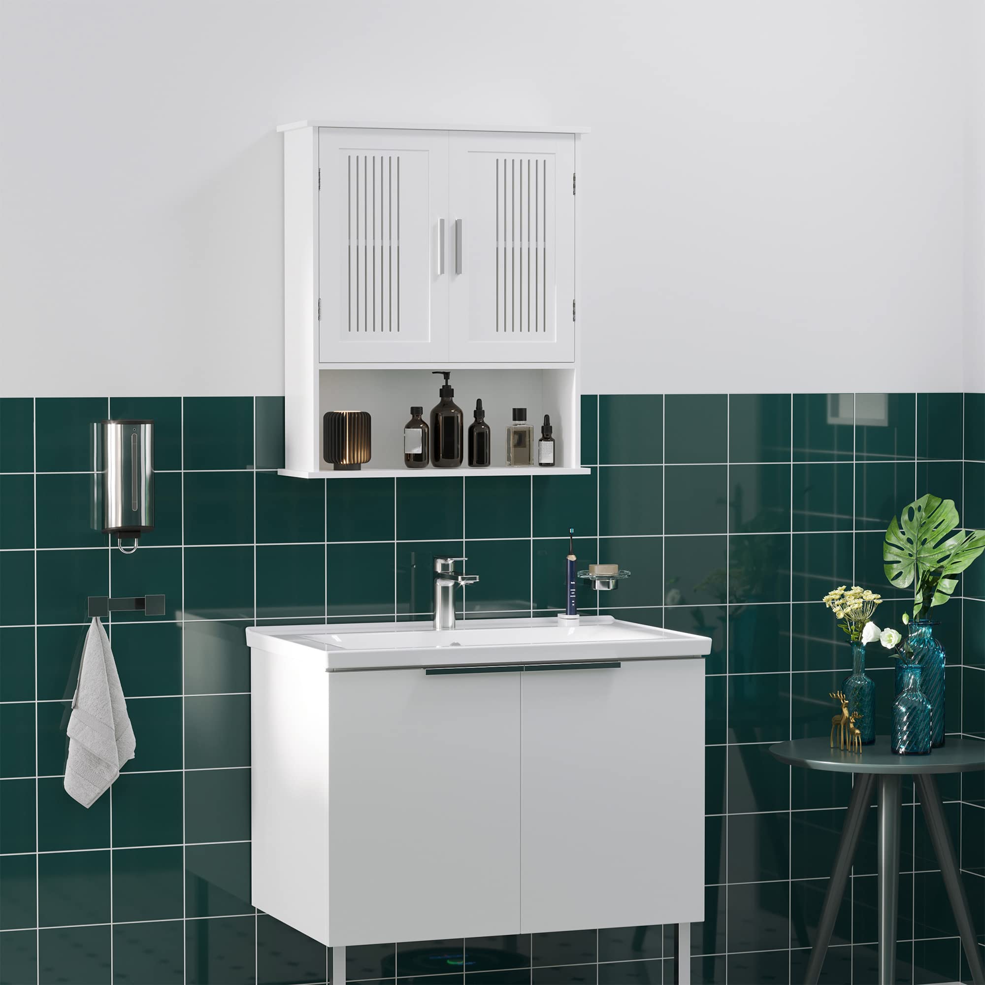 kleankin Mobiletto da Bagno a Muro, Mobiletto Multiuso Salvaspazio con Armadietto a 2 Ante e Ripiano Inferiore Bianco, 60x20x70cm