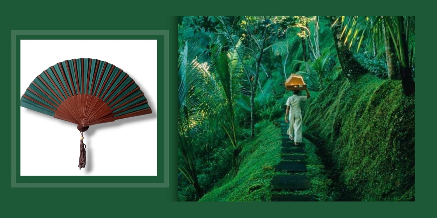 Exotic Jungle Green Folding Hand Fan, 9 inches, Handmade in Bali Indonesia for Church Weddings Parties, Keep Cool in Style, Boho Gift for Mom and Grandma, Home Decoration image 5