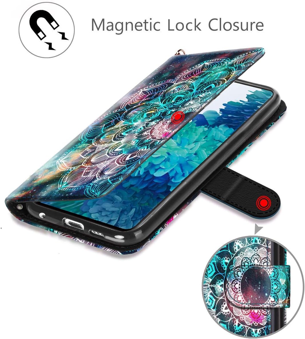 Hocase Galaxy S20 FE Case, PU Leather Full Body Protective Wallet Case with Credit Card Holders, Wrist Strap, Magnetic Closure for Samsung Galaxy S20 FE 5G/4G 2020 - Mandala in Galaxy