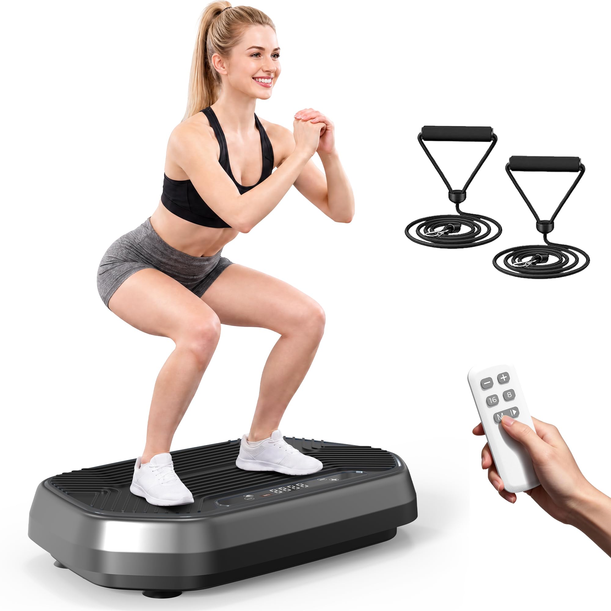 Vibration Plate Exercise Machine - Curved Vibrating Board for Lymphatic Drainage Fitness Platform Workout Full Body Shake Plates Weight Loss with Bluetooth Resistance Bands Black Home Kalietel