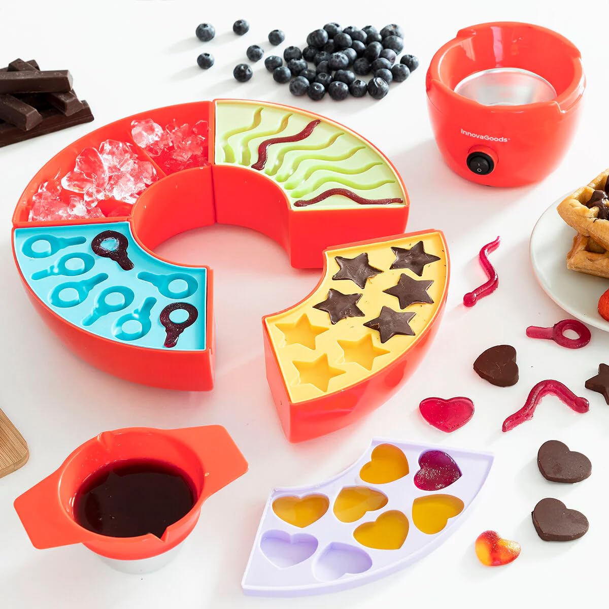 InnovaGoods - Macchina 2 in 1 per Dolci Gelati e Fonduta di Cioccolato, Design Multifunzionale, 4 Stampi in Silicone, Ciotola Estraibile, Cucina Sana, Rosso, Mediano, Acciaio