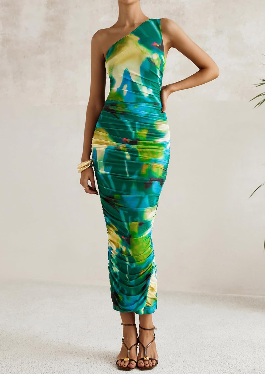 PRETTYGARDEN Women's One Shoulder Bodycon Dresses Summer 2026 Ruched Floral Beach Cocktail Wedding Guest Dress - Image 7