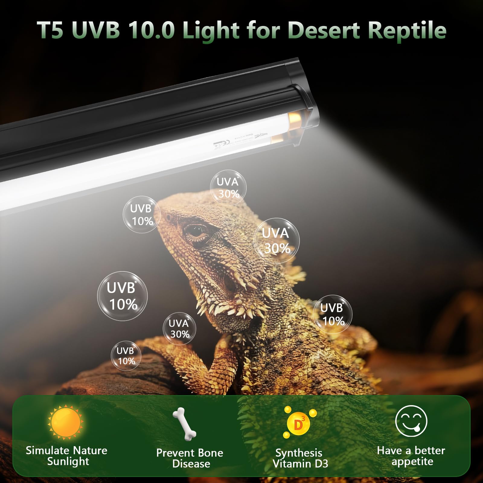 T5 8W 10.0 UVB Luz Kit Combinado de luminaria de Reptiles, 10.0 UVB para Reptiles Desierto, lámpara uvb 12.4"/ 31cm, Tubo de Alta Salida para dragón Barbudo Lagarto Tortuga
