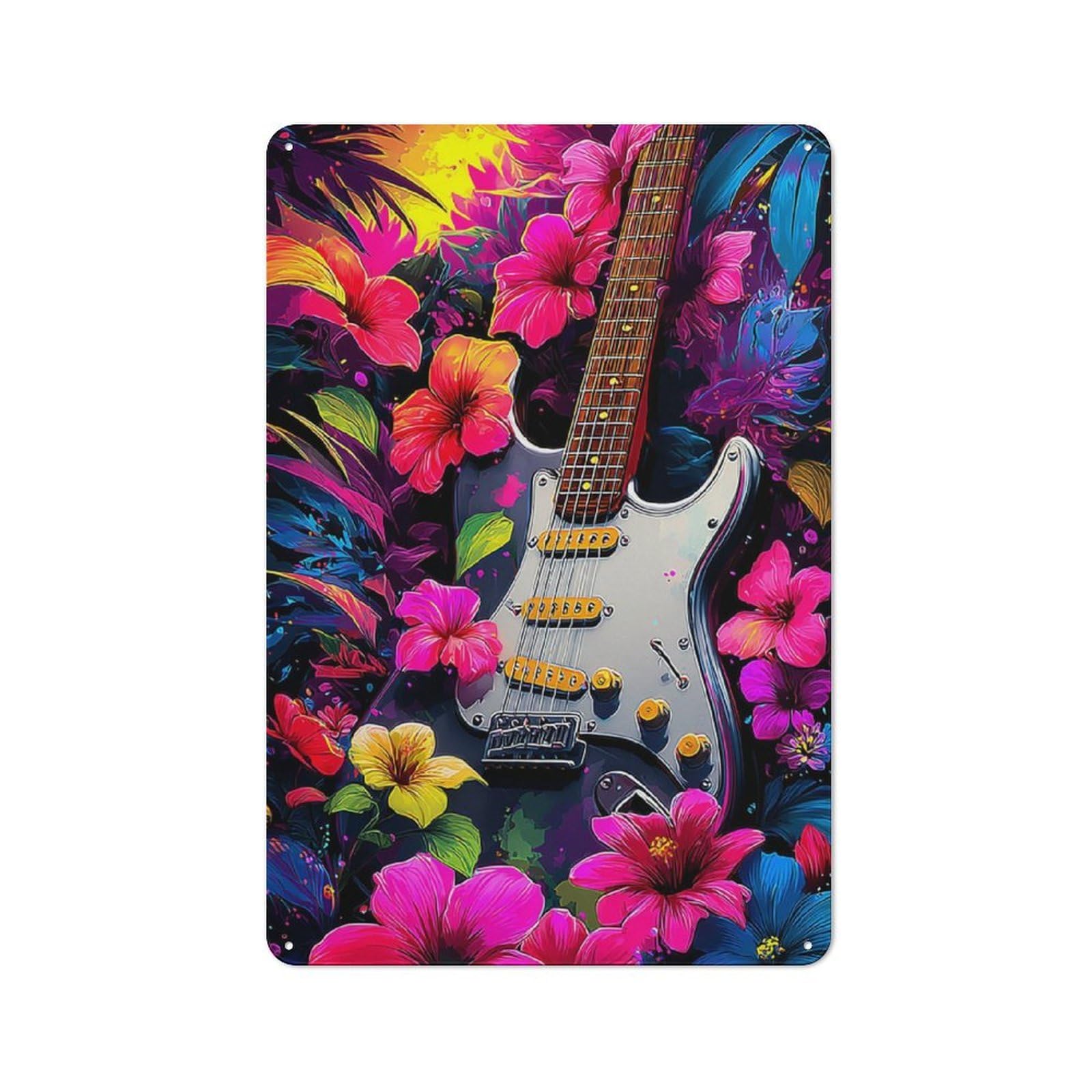 Junmoney Electric Guitar In Floral Paradise Cottage Metal Wall Decor 30X20cm, Shed Metal Sign For Conservatory, Home Bar Or Utility Room