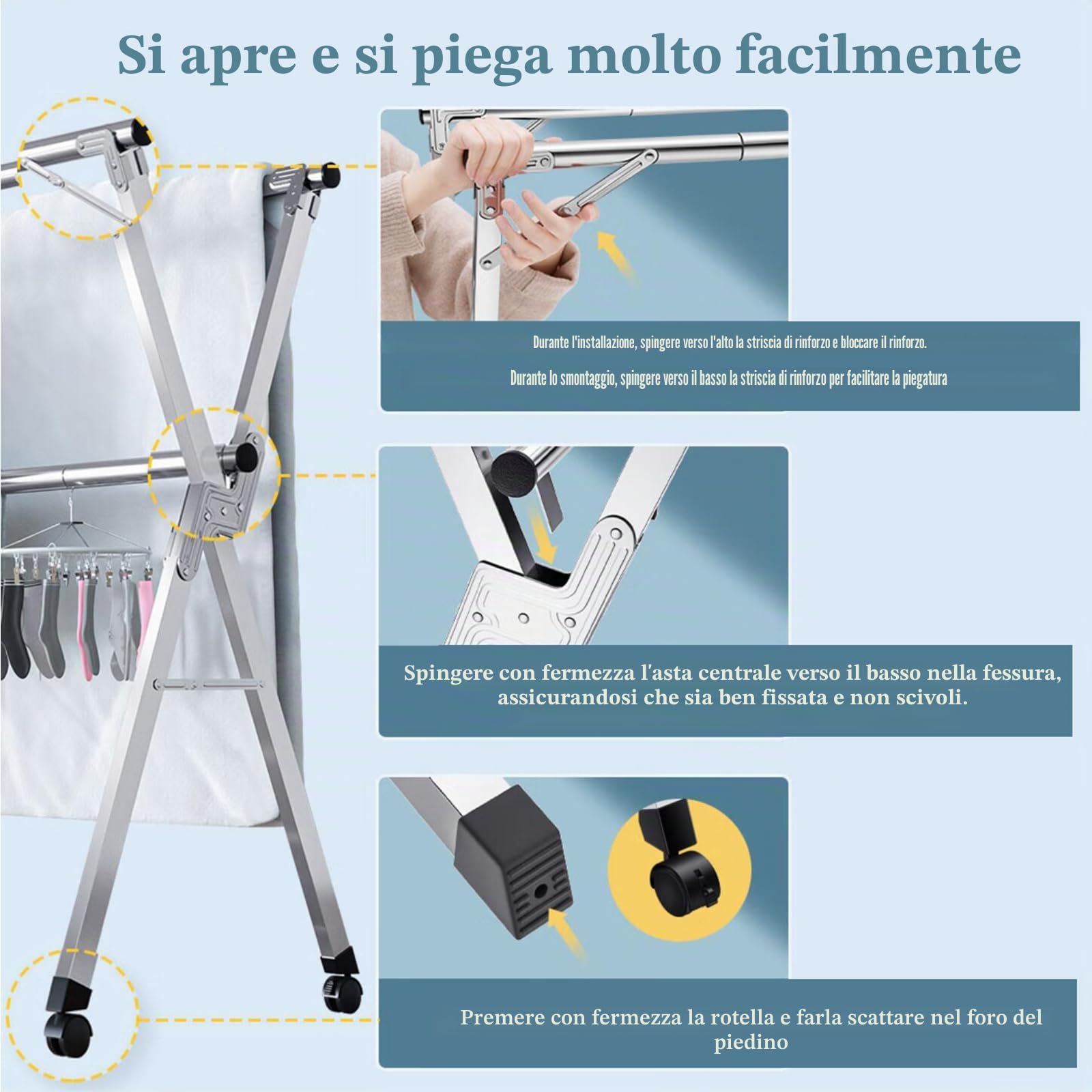 Stendino da Esterno Resistente Grande, Stendibiancheria Allungabile Acciaio Inox, Stendibiancheria Acciaio da Pavimento con Rotelle, per Interno/Esterno,A,240cm
