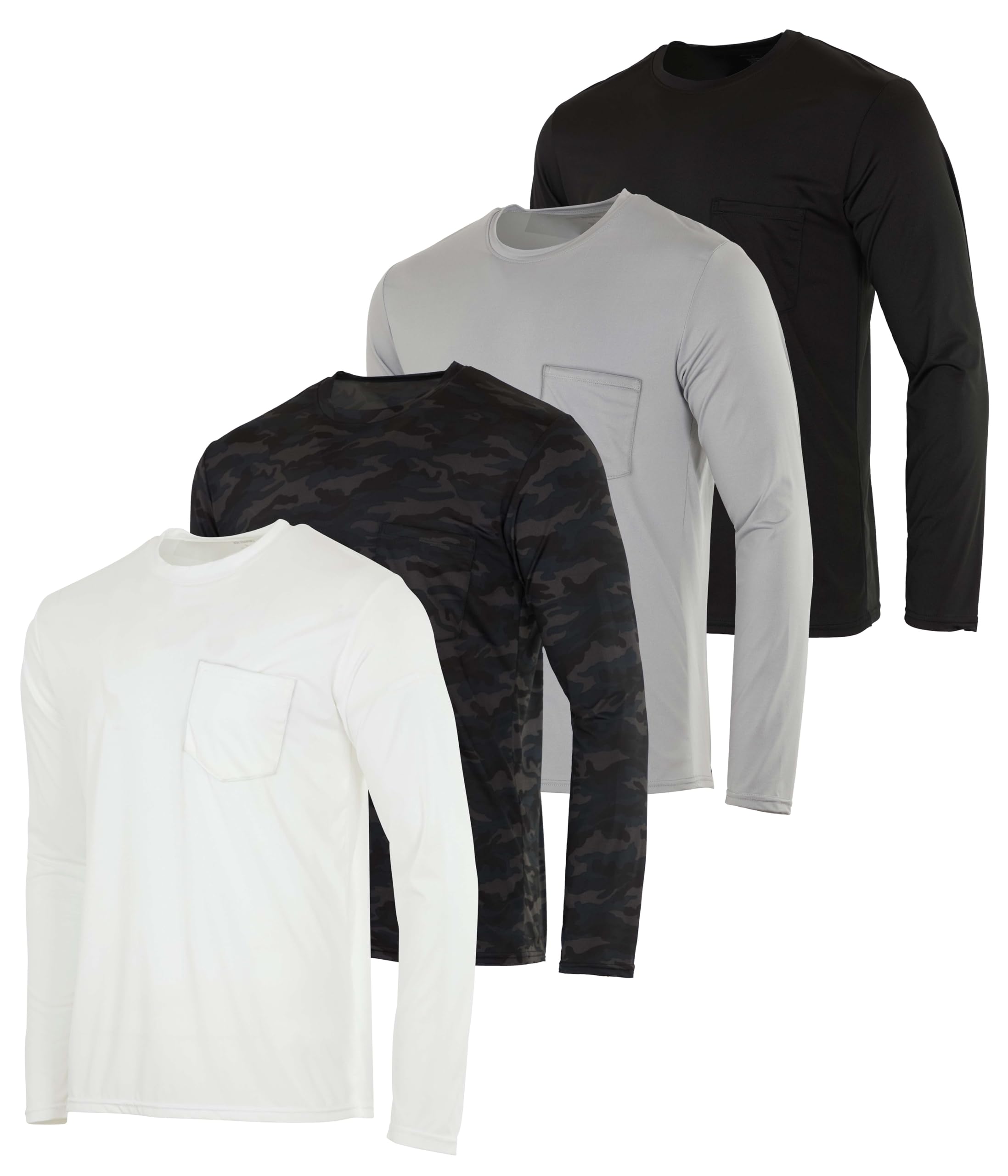 Real Essentials 4 Pack: Men's Dry-Fit Active Athletic Long Sleeve Pocket Crew T-Shirt Outdoors UPF 50 S-5XLT