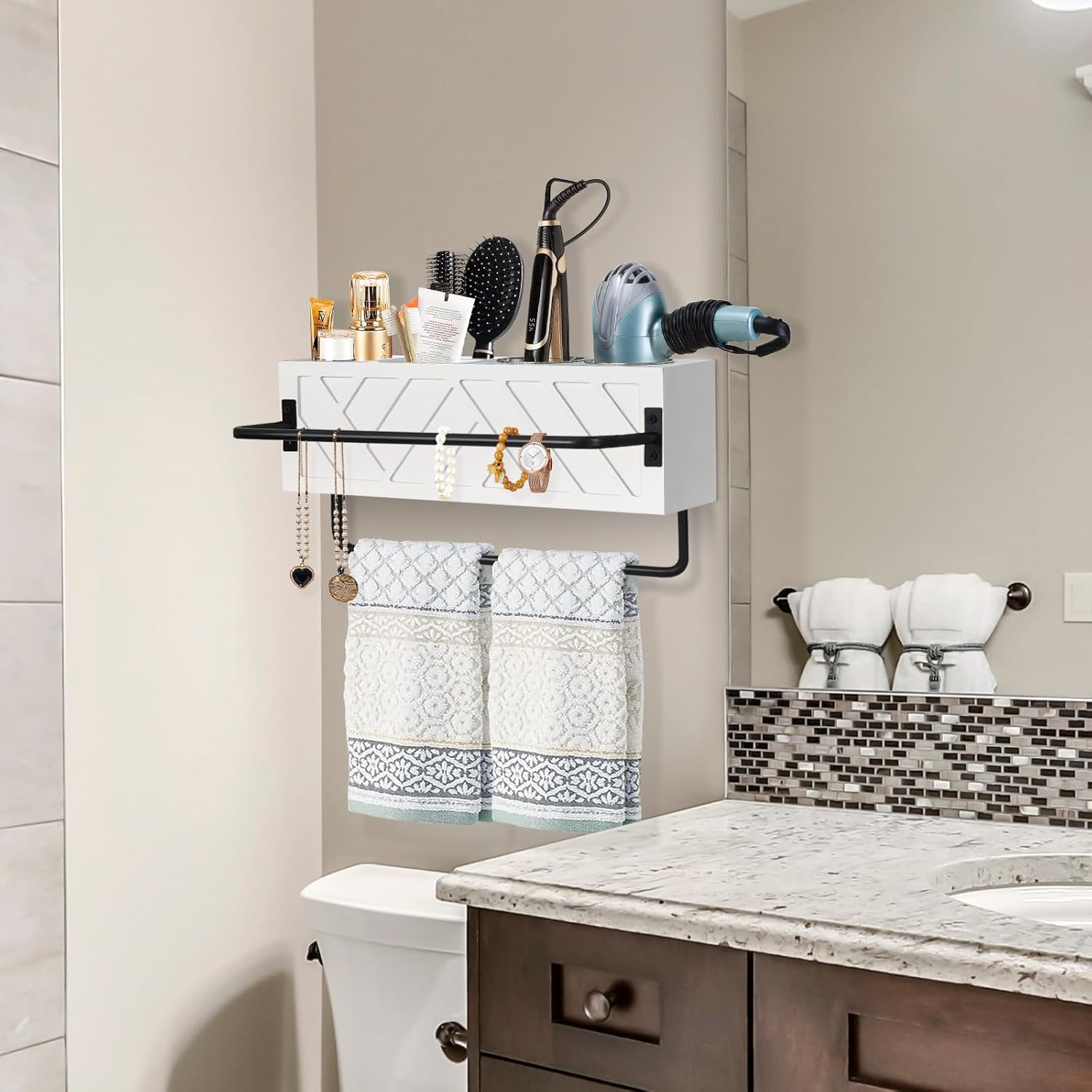 Hair Tool Organizer Wall Mount, Hair Dryer Holder with 2 Towel Bars, Wood Hot Tools Organizer, Rustic Bathroom Organizer Blow Dryer Holder for Bathroom Decor, Flat Iron, Curling Wand, Brushes(White)