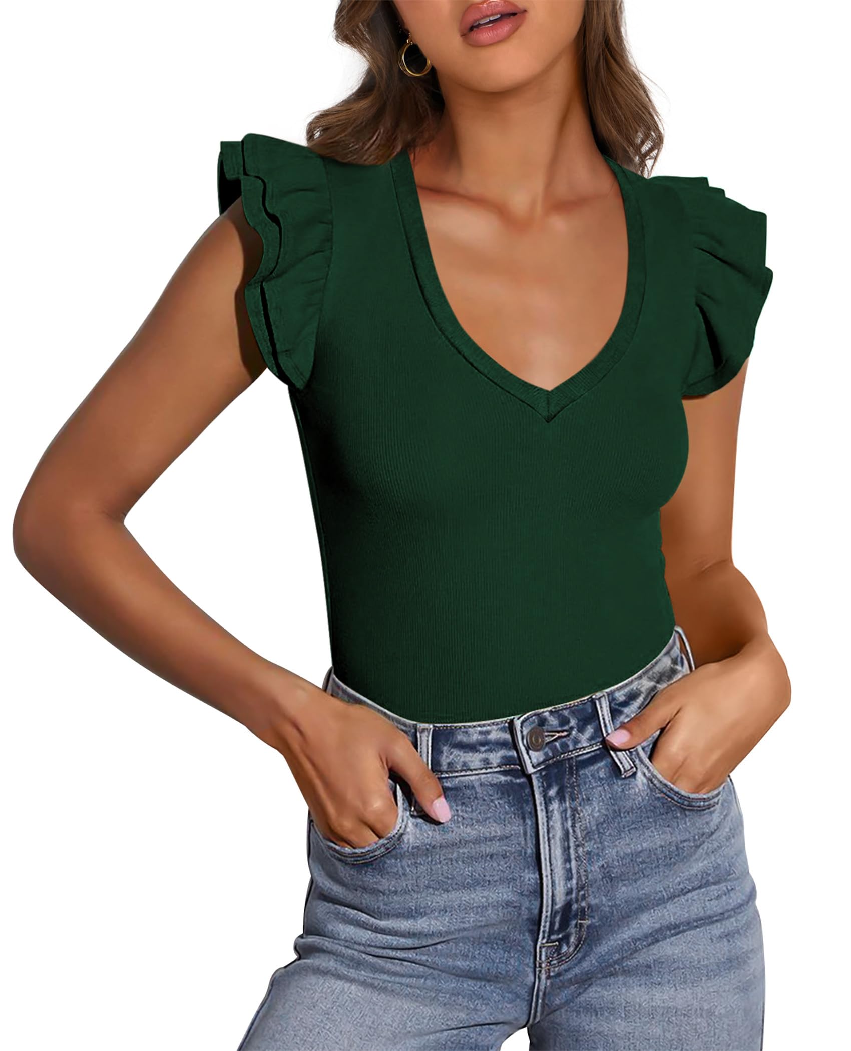 PRETTYGARDEN Womens V Neck Summer Tops Ruffle Sleeveless Slim Fit T Shirts Going Out Casual Blouses 2026