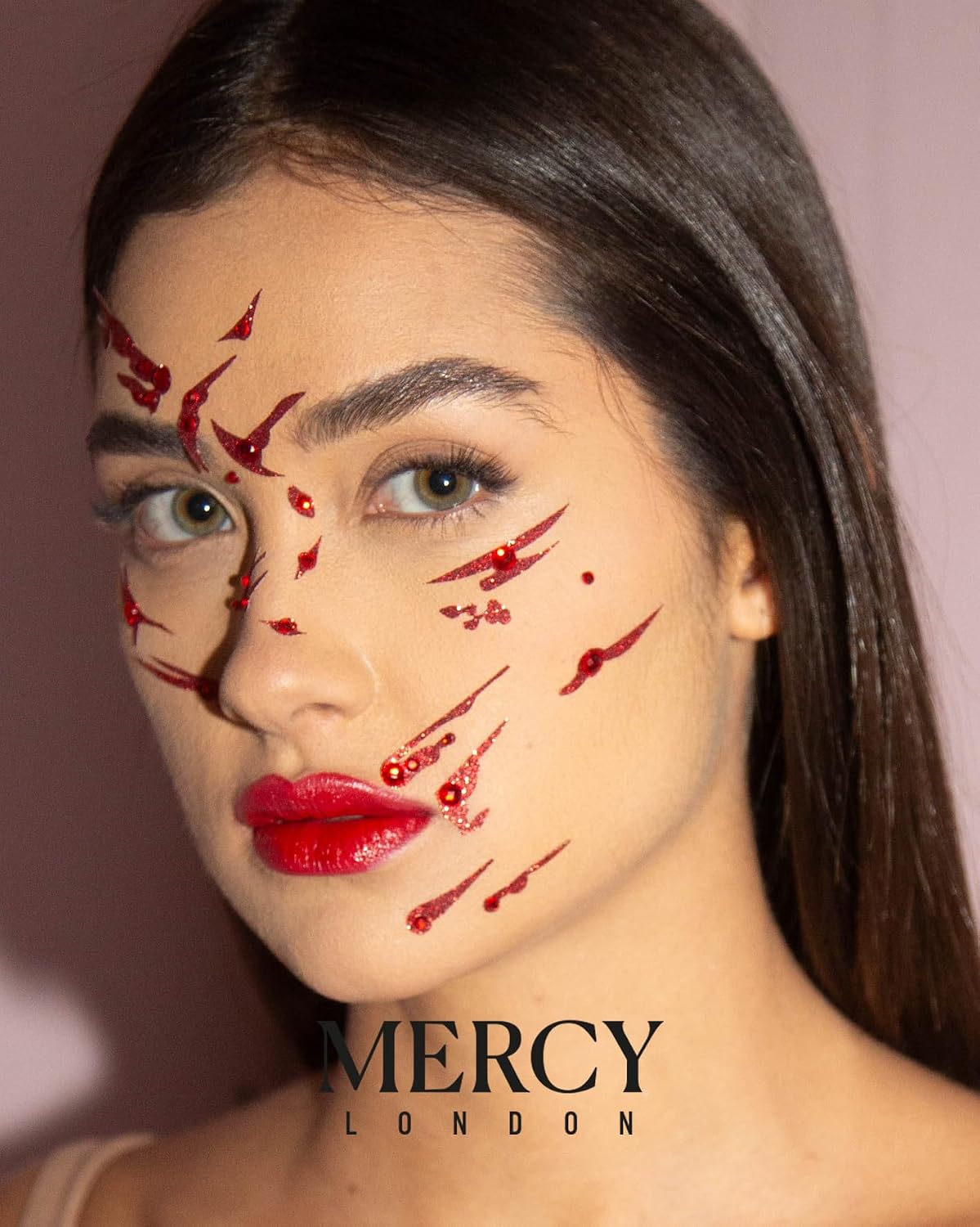 Blood Splat Face Jewels by Mercy London Vampire Costume Accessories Gems All in One Headpiece Stick On Slasher Halloween