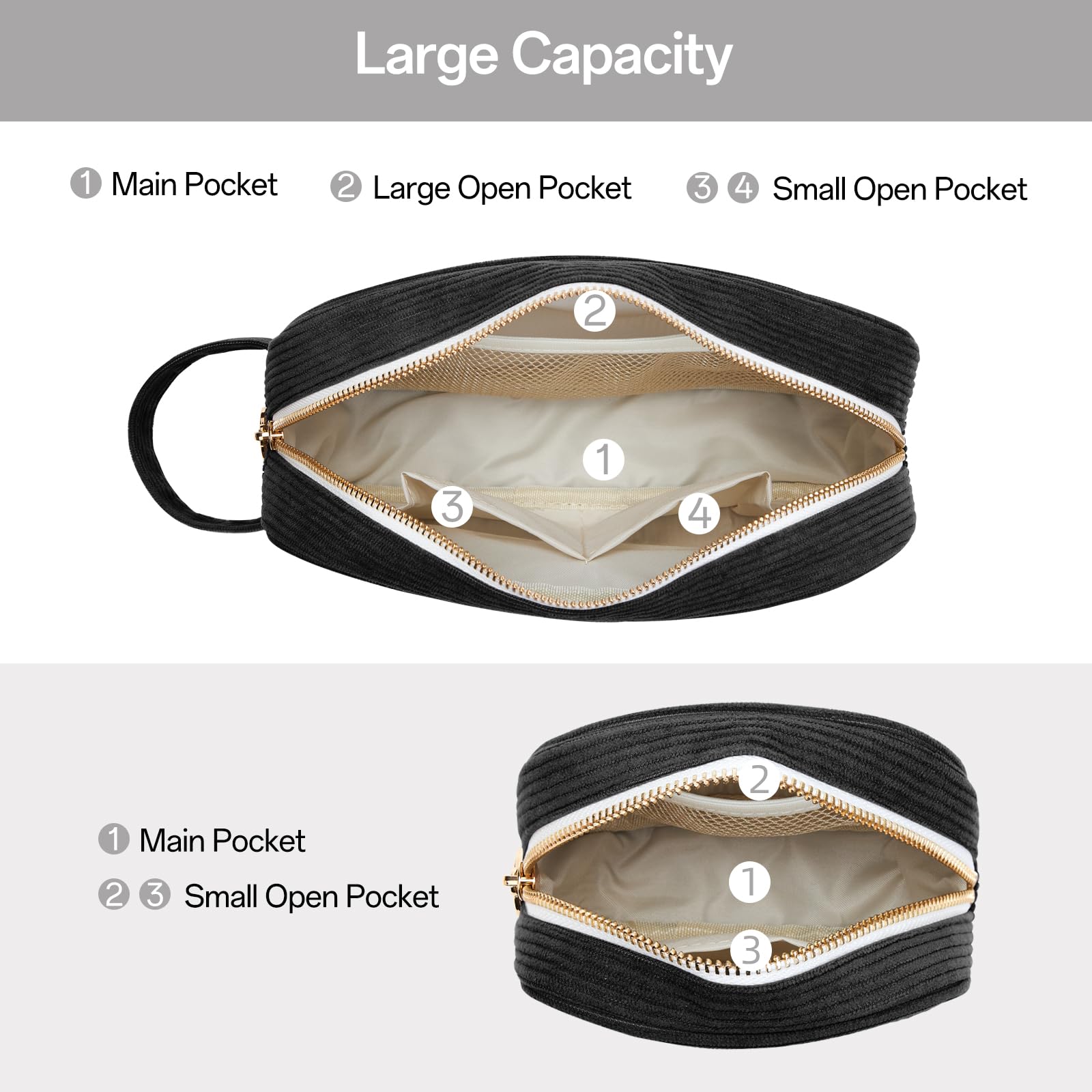 KALIDI Makeup Travel Bag for Women Corduroy Make Up Pouch with Metal Ring Zipper Portable Cosmetic Organizer Toiletry Make-up Bag for Handbags - Image 3