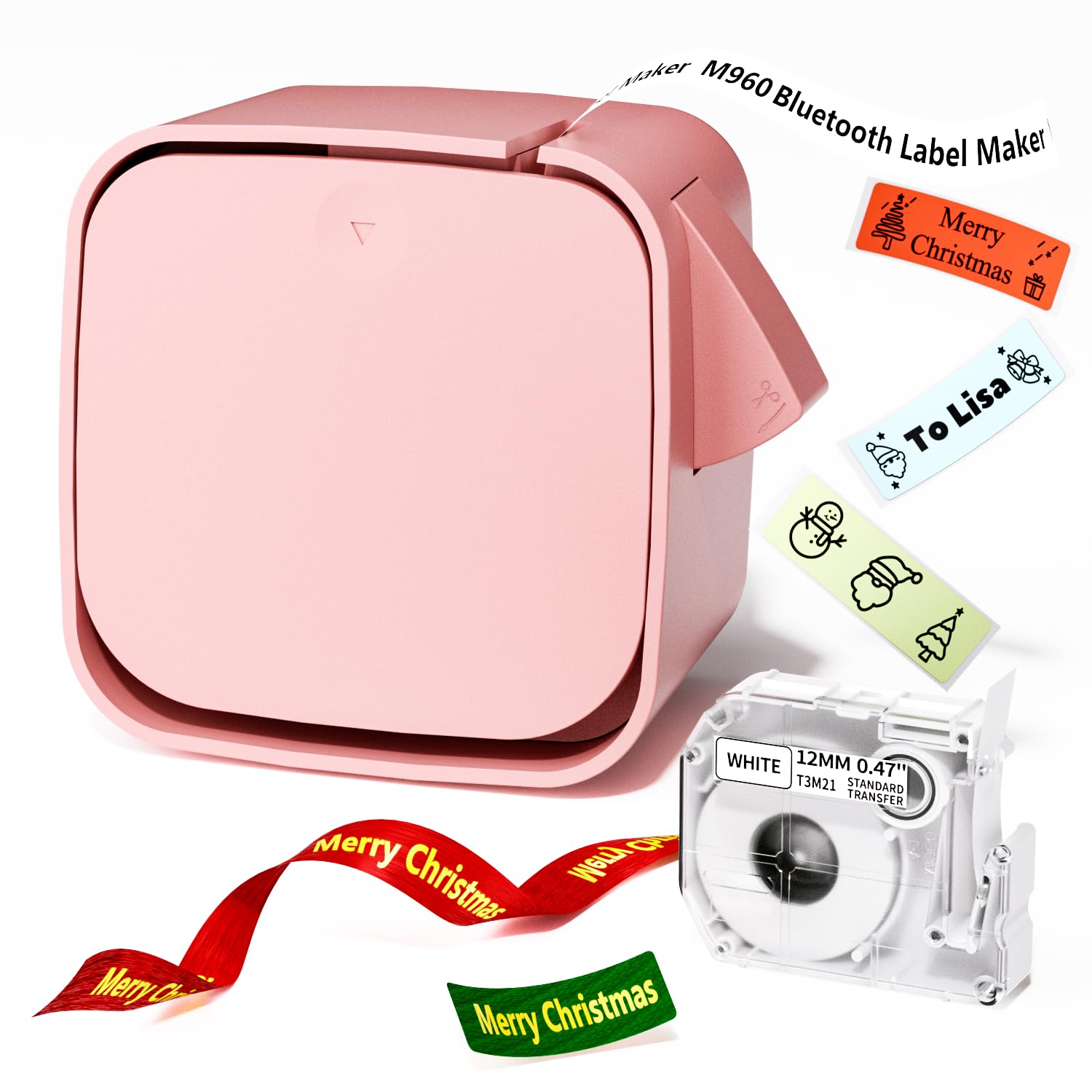 Phomemo Label Maker Machine, M960 Bluetooth Label Printer Pink, Portable Label Maker Wireless Labelling Machine, Thermal Label Maker with Tape for Home Office iOS Android