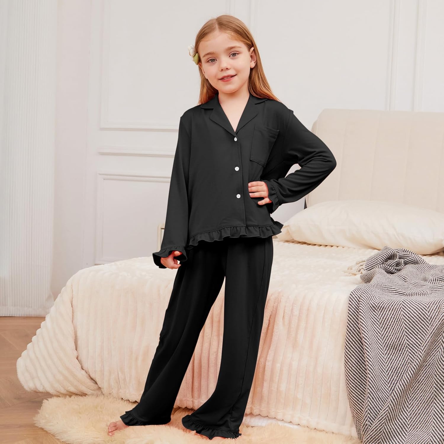 QPANCY Girls Pajamas Sets Ruffle Long Sleeve Button Down Sleepwear Loungewear kids 2 Piece Pjs Set - Image 2