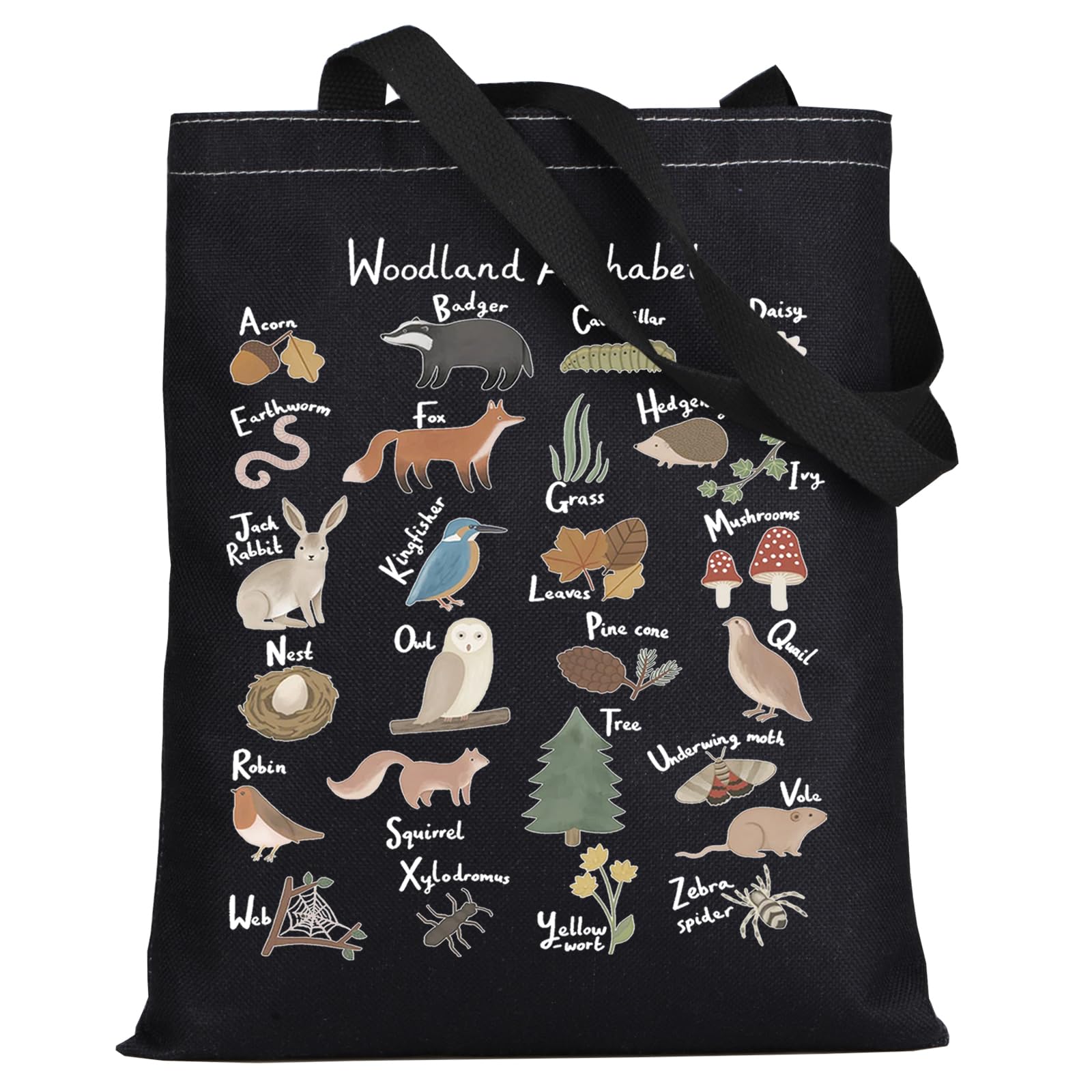 LEVLO Animal Alphabet Canvas Tote Bag, Woodland Themed A-Z Grocery Bag, Black