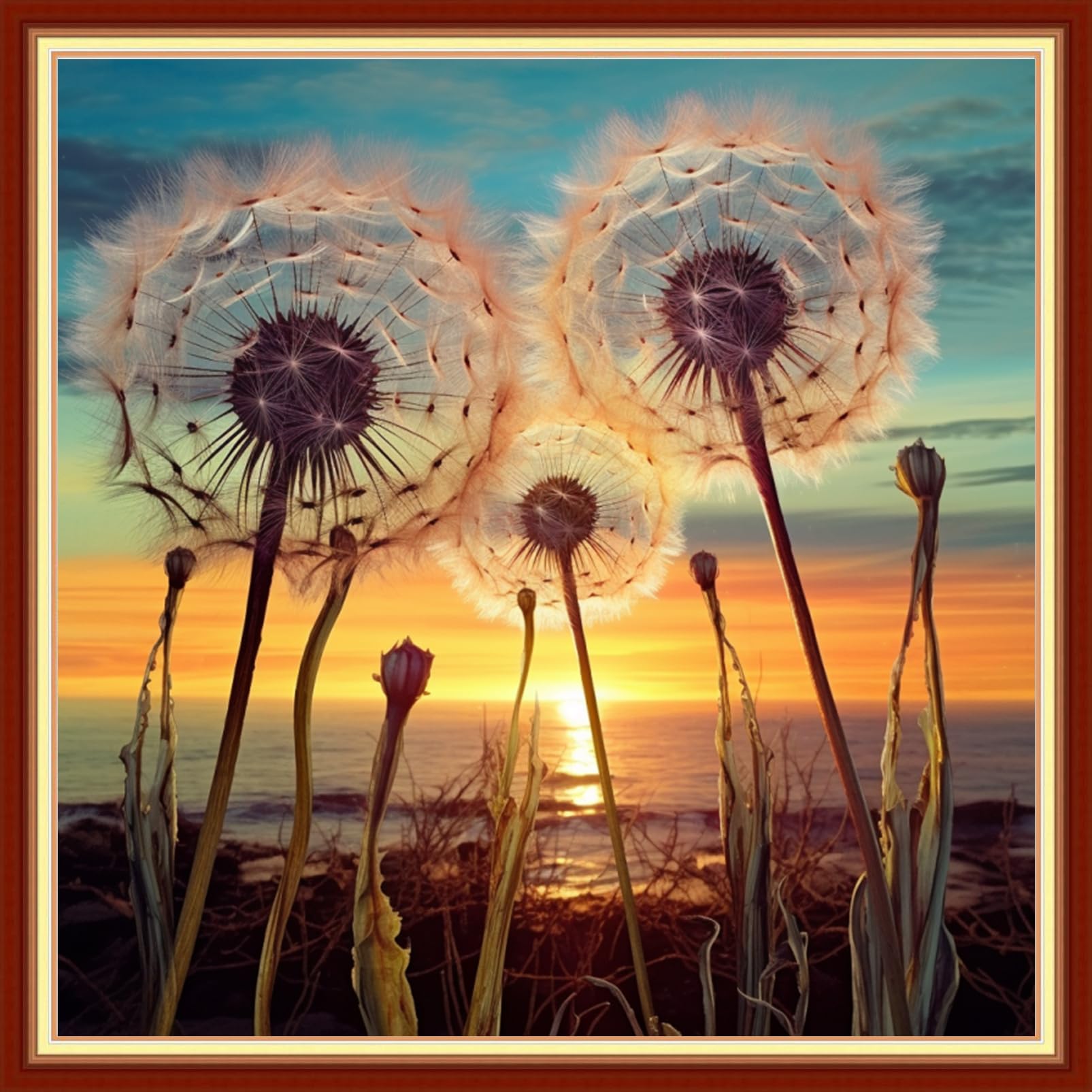 Findvoor Stamped Cross Stitch Kits for Beginners Full Range of Cross Stitching Embroidery Pattern for Adults, 11CT DIY Needlepoint Embroidery Starter Kits-Sunset Dandelion 17.7x17.7 inch