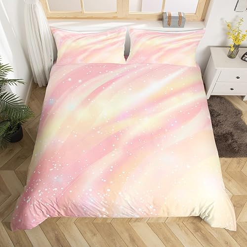 Juego de ropa de cama individual para niñas, color pastel, funda de edredón con purpurina de galaxia, tamaño individual para niños, niñas, niños y